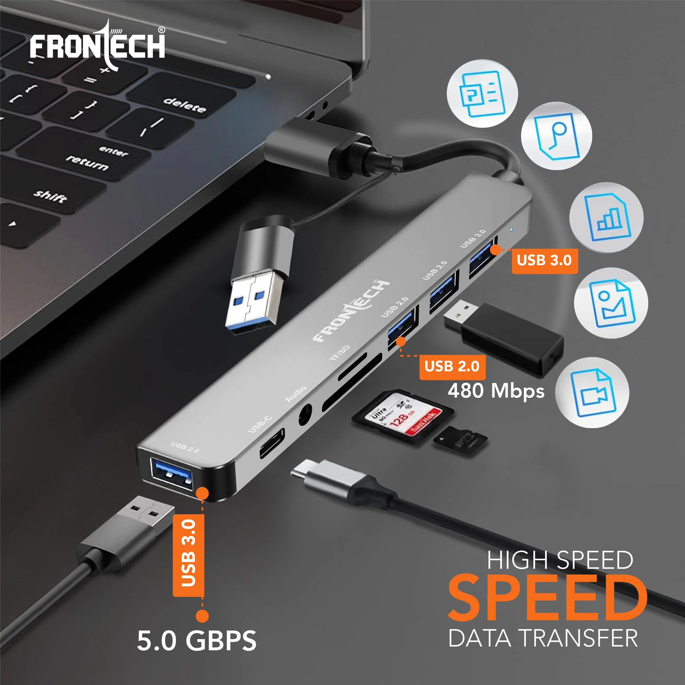 Frontech 8-in-1 Multi-Port Expansion Hub | Dual Input (USB-C & USB) | High-Speed Data Transfer | Metal Matt Finish (NC-0058) - Image 3