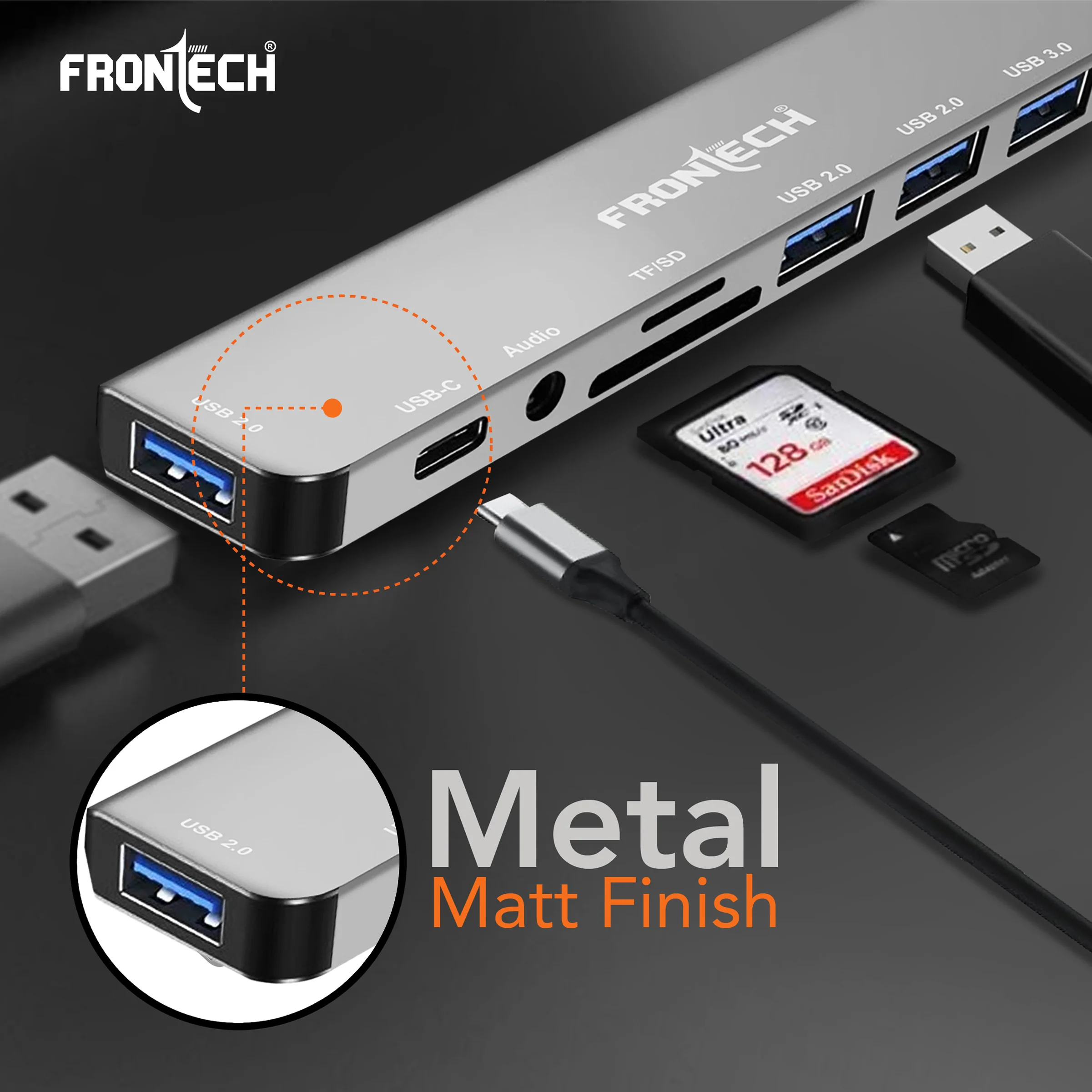 Frontech 8-in-1 Multi-Port Expansion Hub | Dual Input (USB-C & USB) | High-Speed Data Transfer | Metal Matt Finish (NC-0058) - Image 4