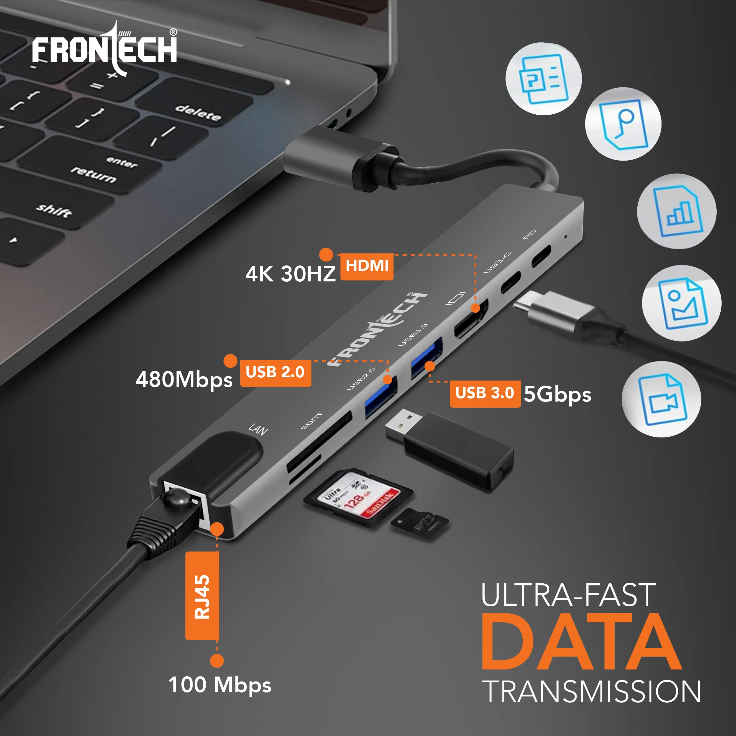 Frontech 8-in-1 USB-C Hub Docking Station | 4K HDMI, LAN 100Mbps, PD 100W, USB 3.0 & 2.0, SD/TF Card Reader | Aluminium Alloy Compact Hub (NC-0059) - Image 3