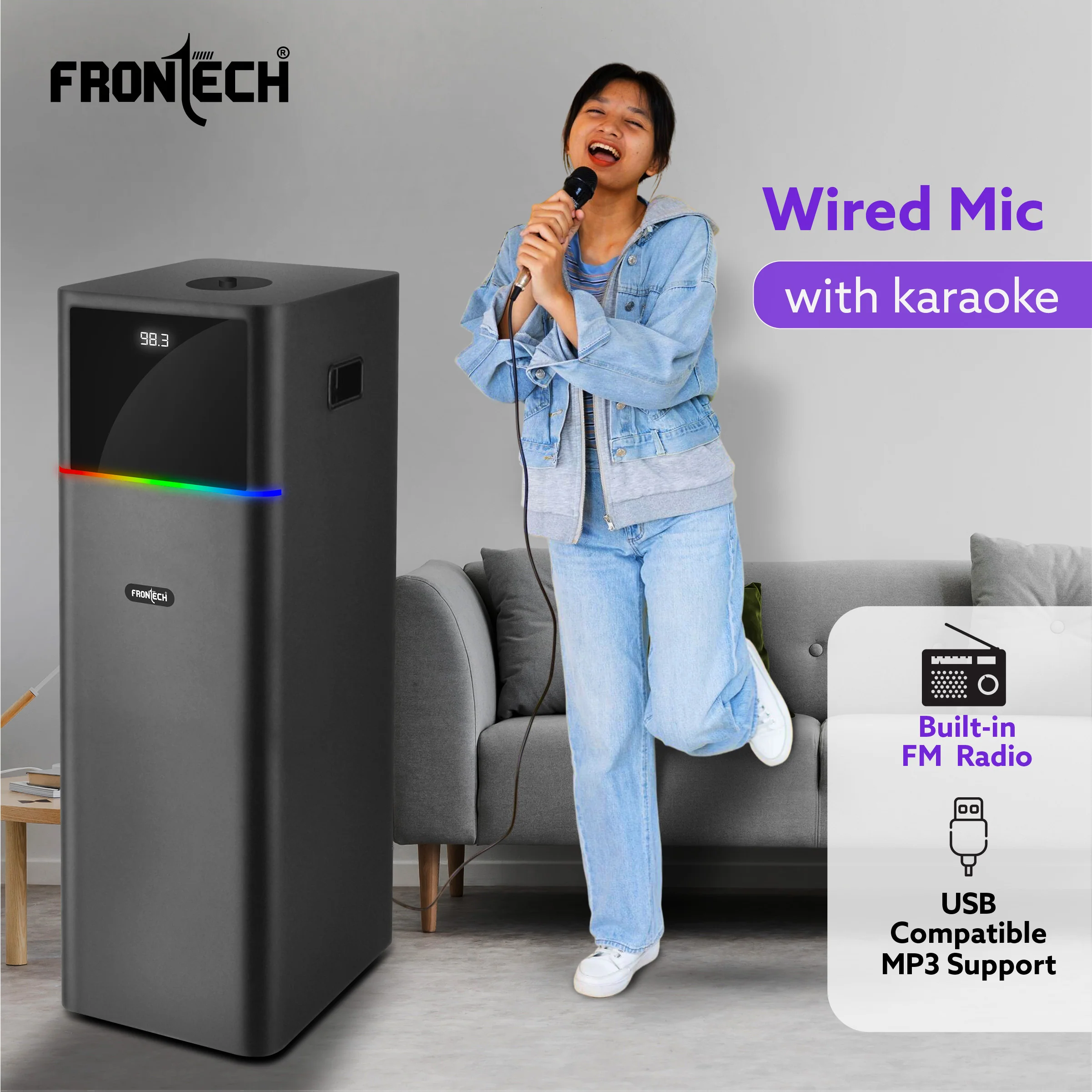 Frontech CRUX-168 Multimedia Tower Speaker | 90W Output | In-Built FM | USB/BT/AUX/MIC Support (SW-0168) - Image 4