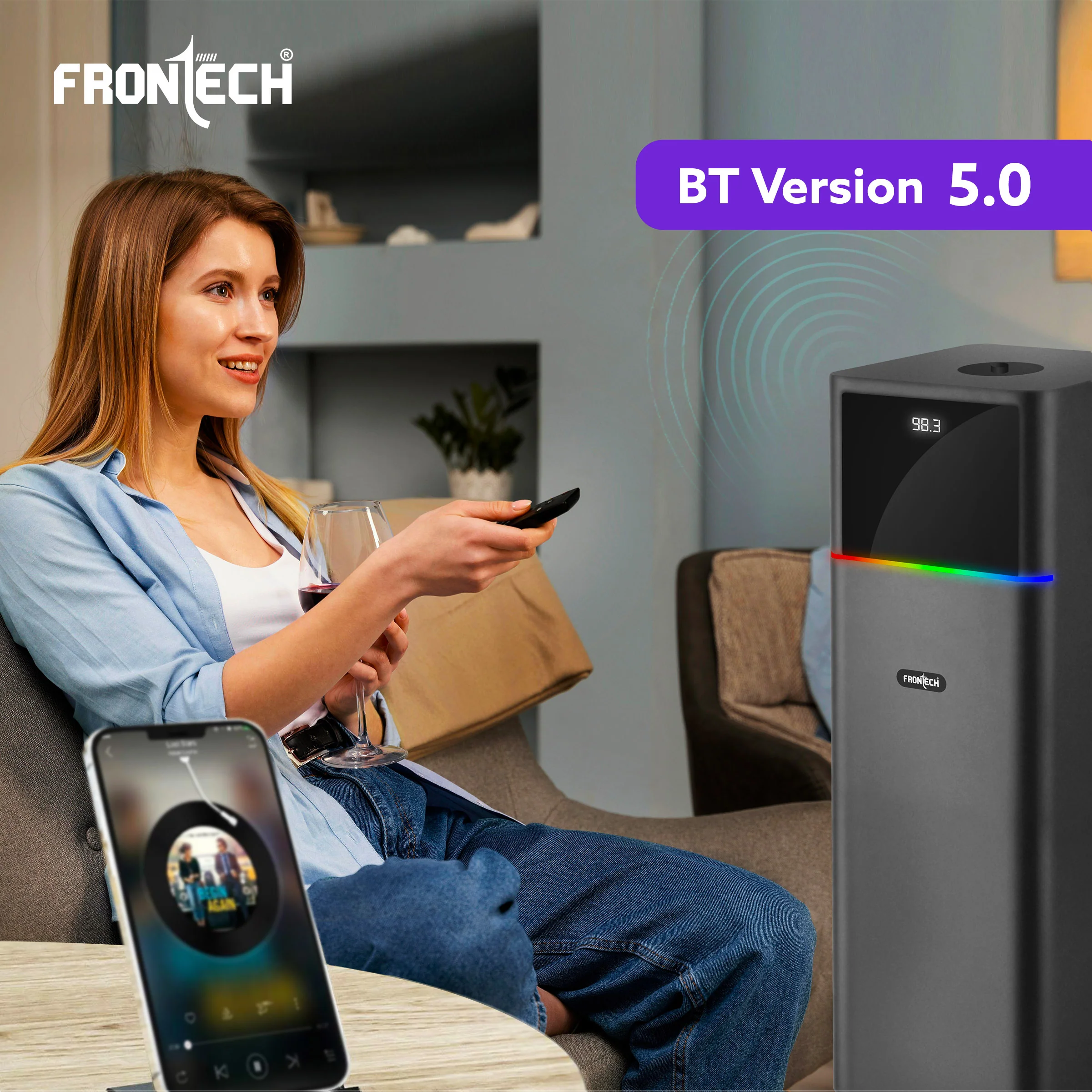 Frontech CRUX-168 Multimedia Tower Speaker | 90W Output | In-Built FM | USB/BT/AUX/MIC Support (SW-0168) - Image 5
