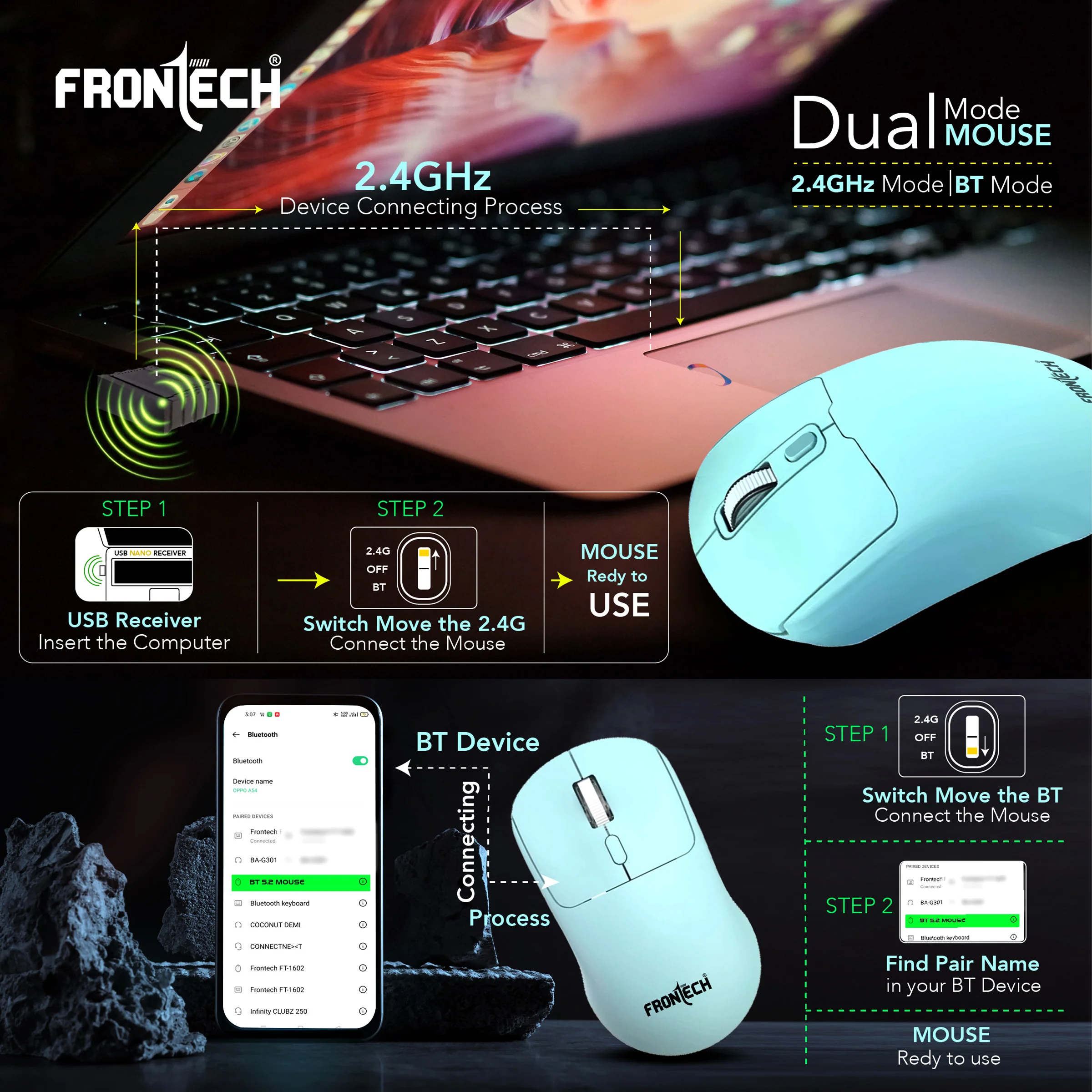 Frontech RGB Wireless Optical Mouse|2.4Ghz|1600 DPI| 4 Button Mouse| USB Nano Receiver| Ergonomic Design|1 Year Warranty - Image 3