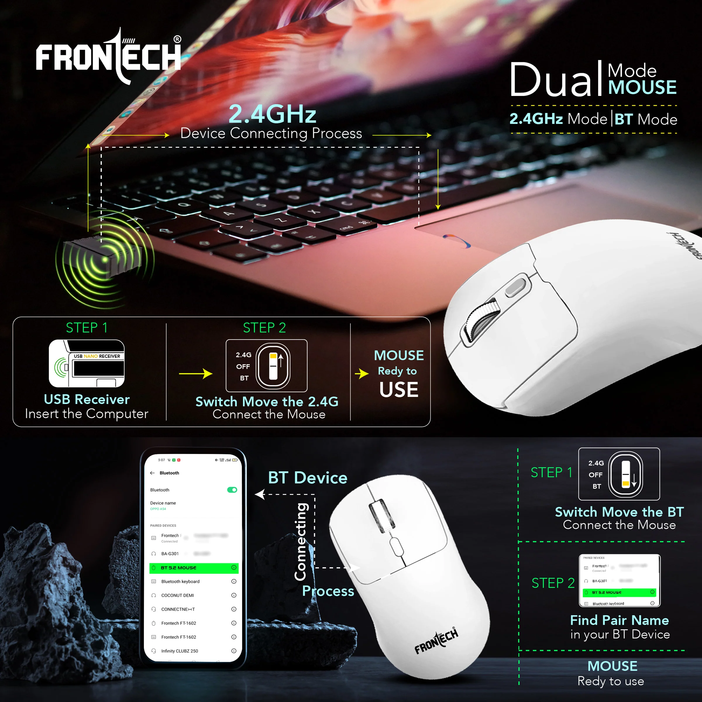 Frontech Wireless RGB Optical Mouse|2.4Ghz|1600 DPI| 4 Button Mouse| USB Nano Receiver| Ergonomic Design|1 Year Warranty - Image 3