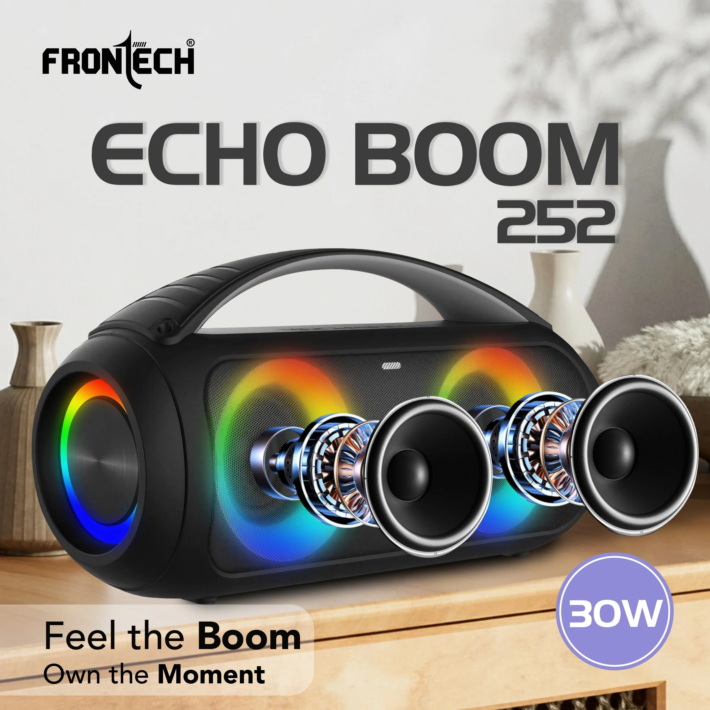 Frontech Echo Boom 252 | 30W Portable Bluetooth Speaker | Dual 3” Drivers | RGB Party Lights | TWS & FM Radio | USB/TF/AUX | Powerful Bass | Built-in Handle | 3000mAh Battery | 1 Year Warranty (SW-0252) - Image 2