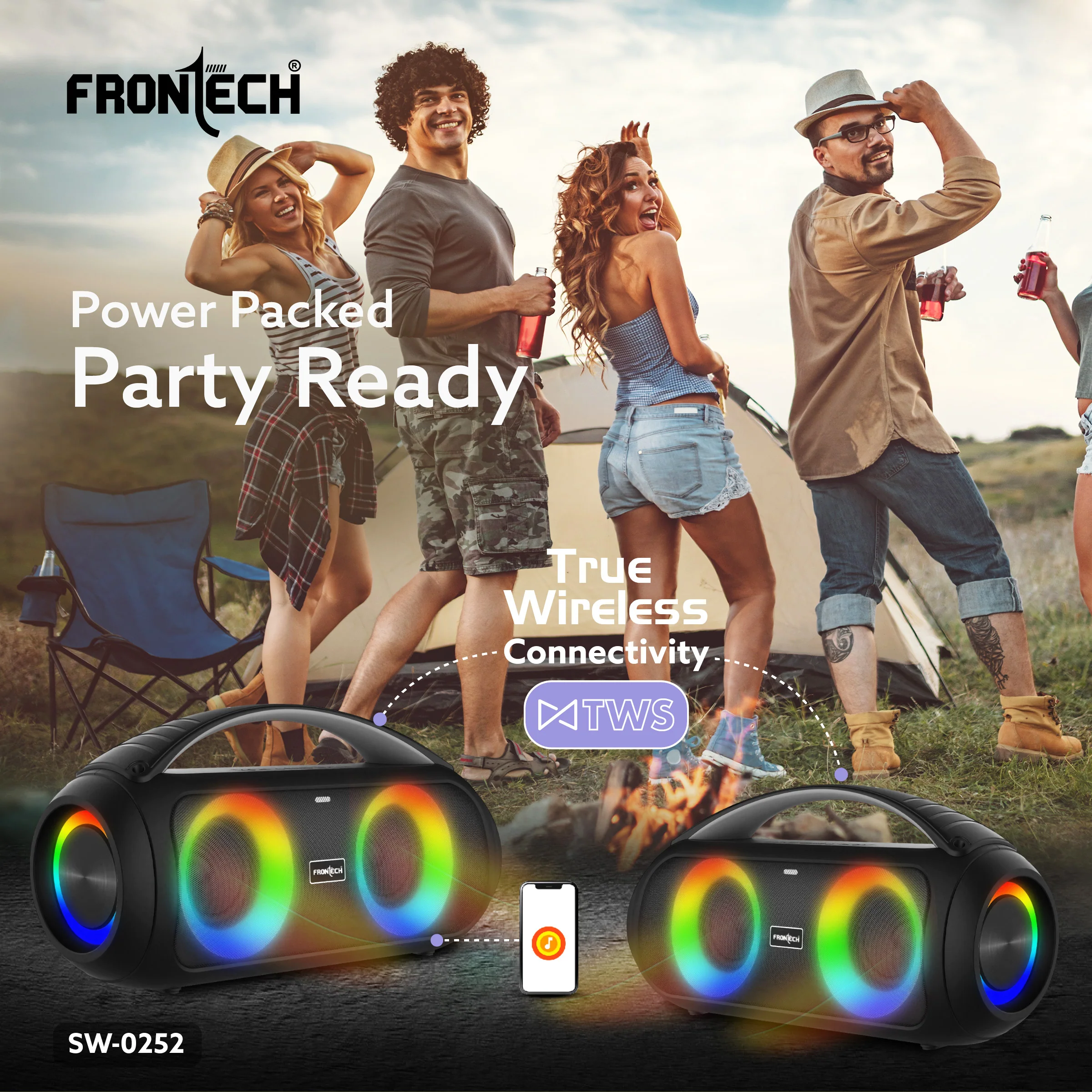 Frontech Echo Boom 252 | 30W Portable Bluetooth Speaker | Dual 3” Drivers | RGB Party Lights | TWS & FM Radio | USB/TF/AUX | Powerful Bass | Built-in Handle | 3000mAh Battery | 1 Year Warranty (SW-0252) - Image 3