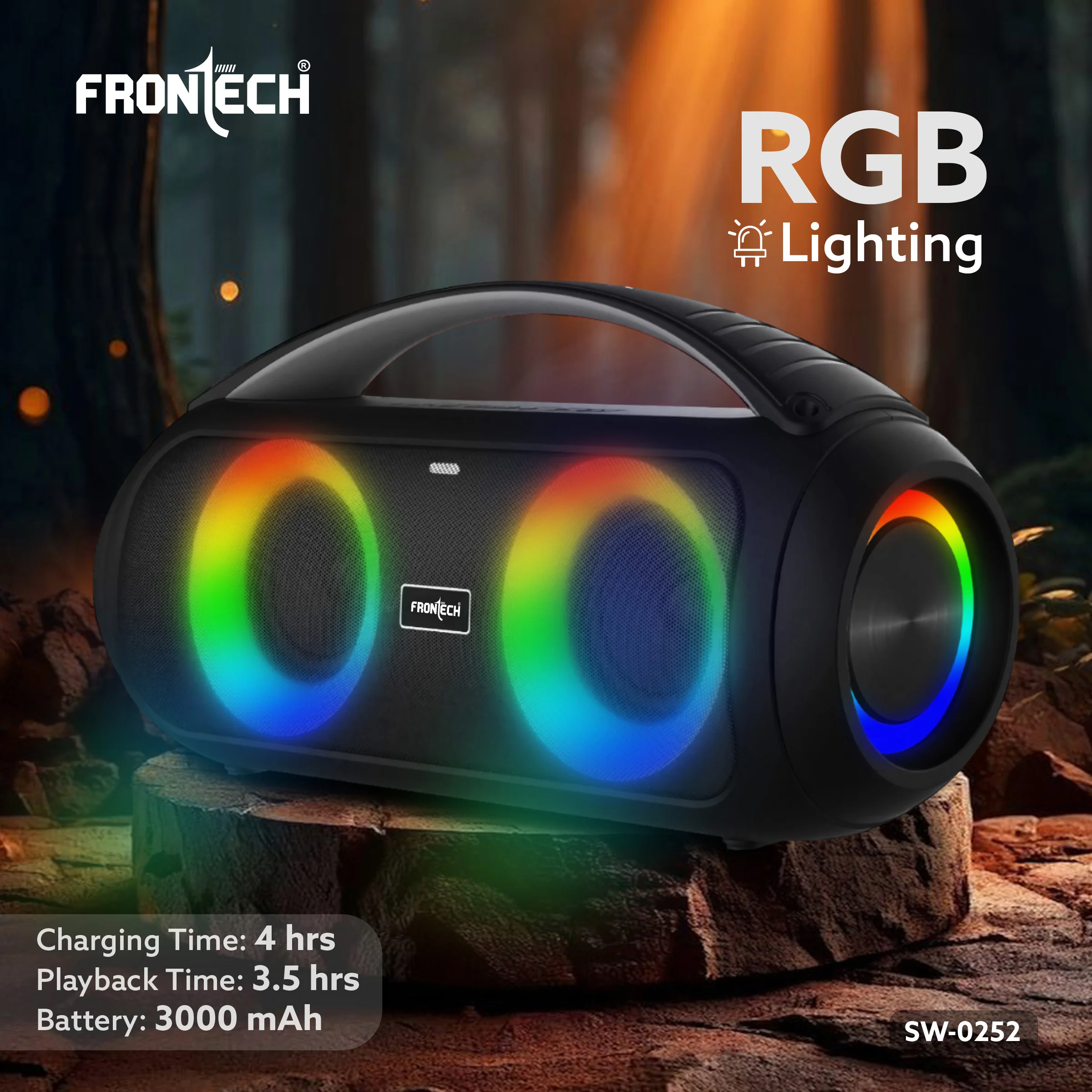 Frontech Echo Boom 252 | 30W Portable Bluetooth Speaker | Dual 3” Drivers | RGB Party Lights | TWS & FM Radio | USB/TF/AUX | Powerful Bass | Built-in Handle | 3000mAh Battery | 1 Year Warranty (SW-0252) - Image 4