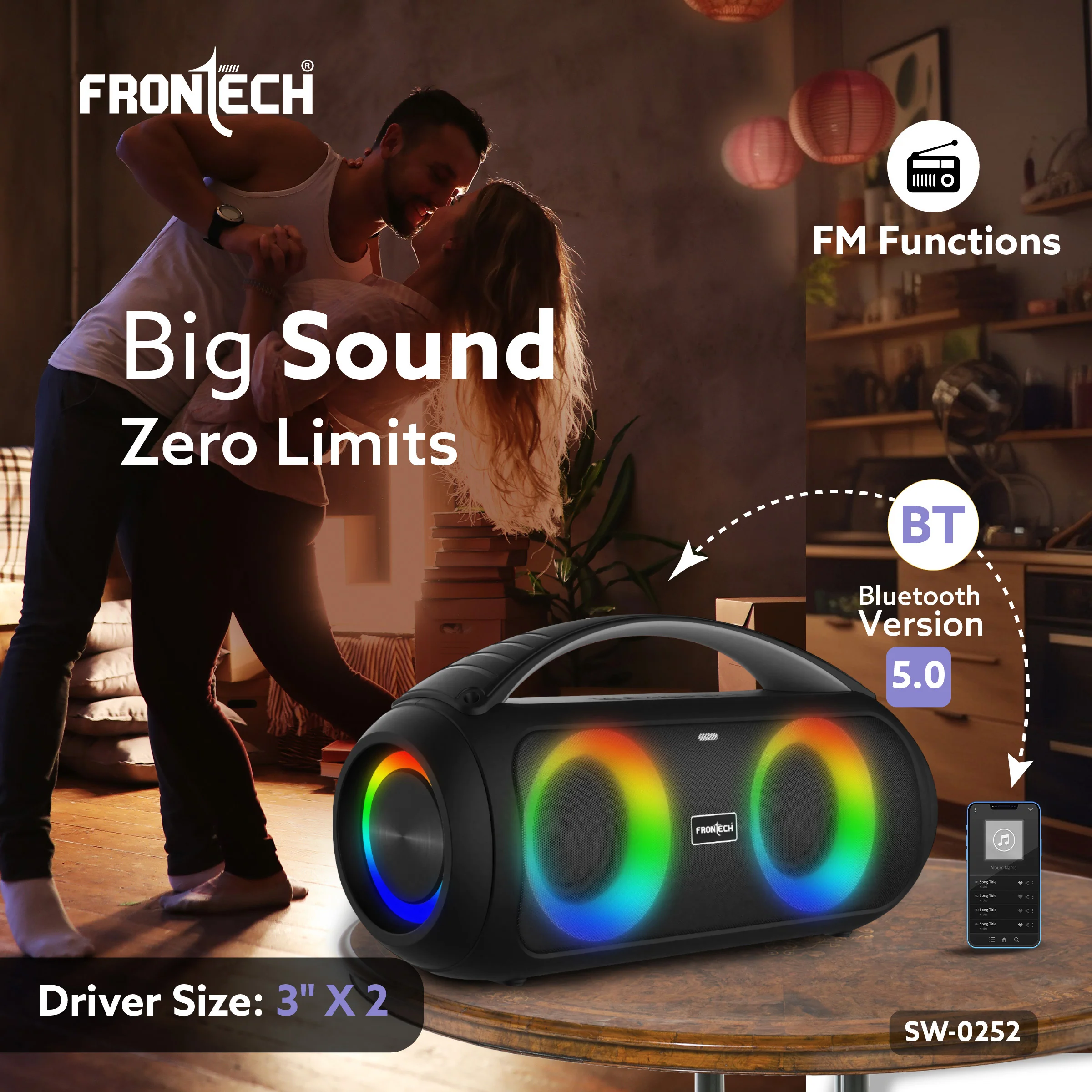 Frontech Echo Boom 252 | 30W Portable Bluetooth Speaker | Dual 3” Drivers | RGB Party Lights | TWS & FM Radio | USB/TF/AUX | Powerful Bass | Built-in Handle | 3000mAh Battery | 1 Year Warranty (SW-0252) - Image 5