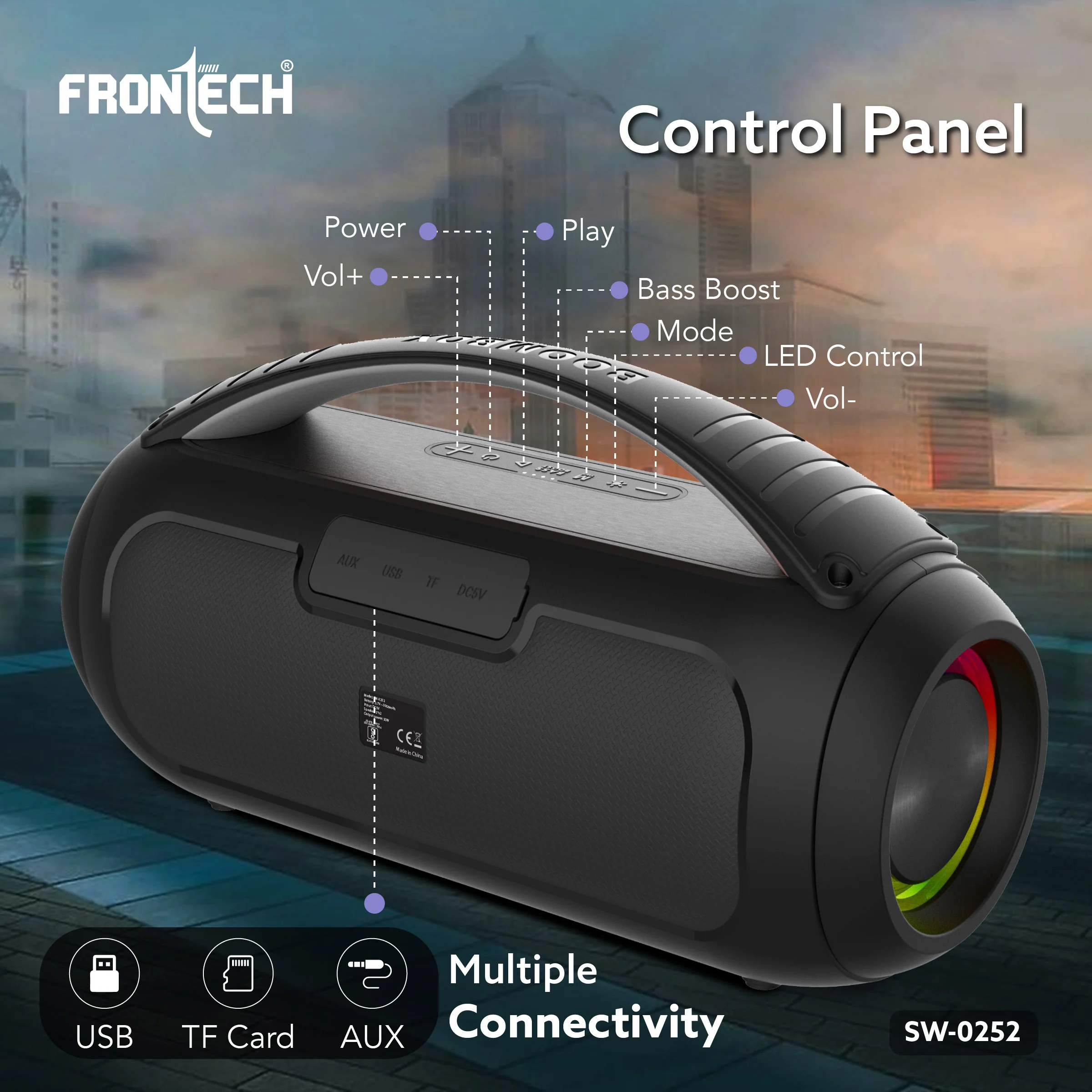 Frontech Echo Boom 252 | 30W Portable Bluetooth Speaker | Dual 3” Drivers | RGB Party Lights | TWS & FM Radio | USB/TF/AUX | Powerful Bass | Built-in Handle | 3000mAh Battery | 1 Year Warranty (SW-0252) - Image 6