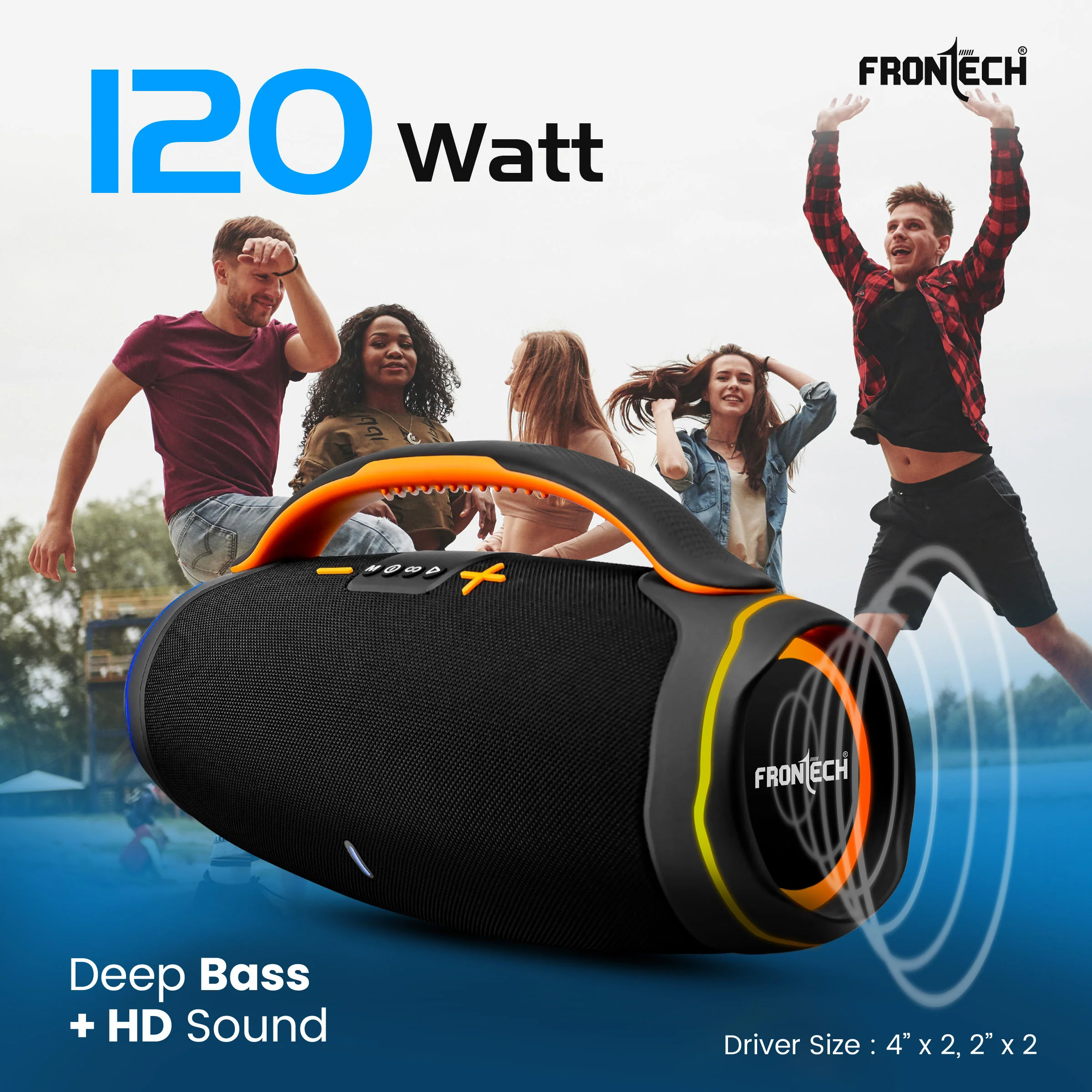 Frontech Echo Boom-253 120W Portable Bluetooth Speaker | Deep Bass| 10000mAh Battery with Reverse Charge| Stylish Rubber Finish| RGB Lights | TWS, FM, AUX, USB & TF Card | 1 Year Warranty (SW-0253) - Image 4