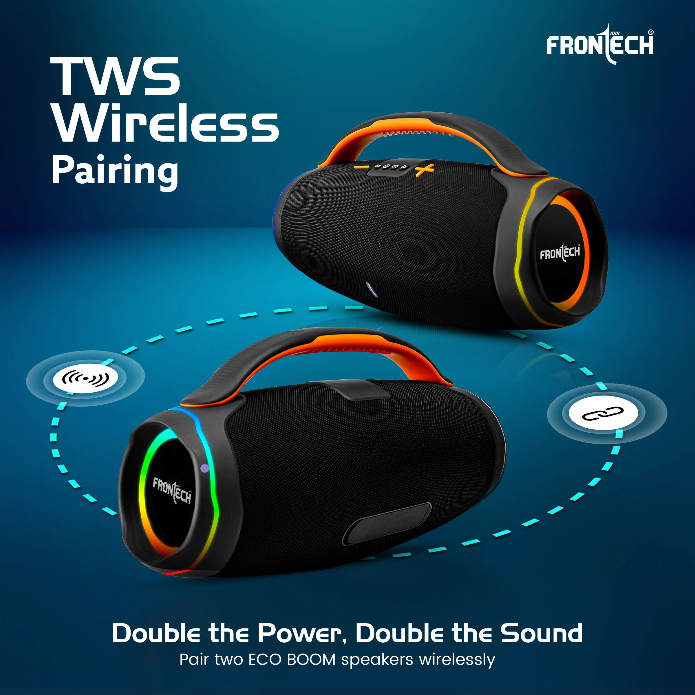 Frontech Echo Boom-253 120W Portable Bluetooth Speaker | Deep Bass| 10000mAh Battery with Reverse Charge| Stylish Rubber Finish| RGB Lights | TWS, FM, AUX, USB & TF Card | 1 Year Warranty (SW-0253) - Image 6