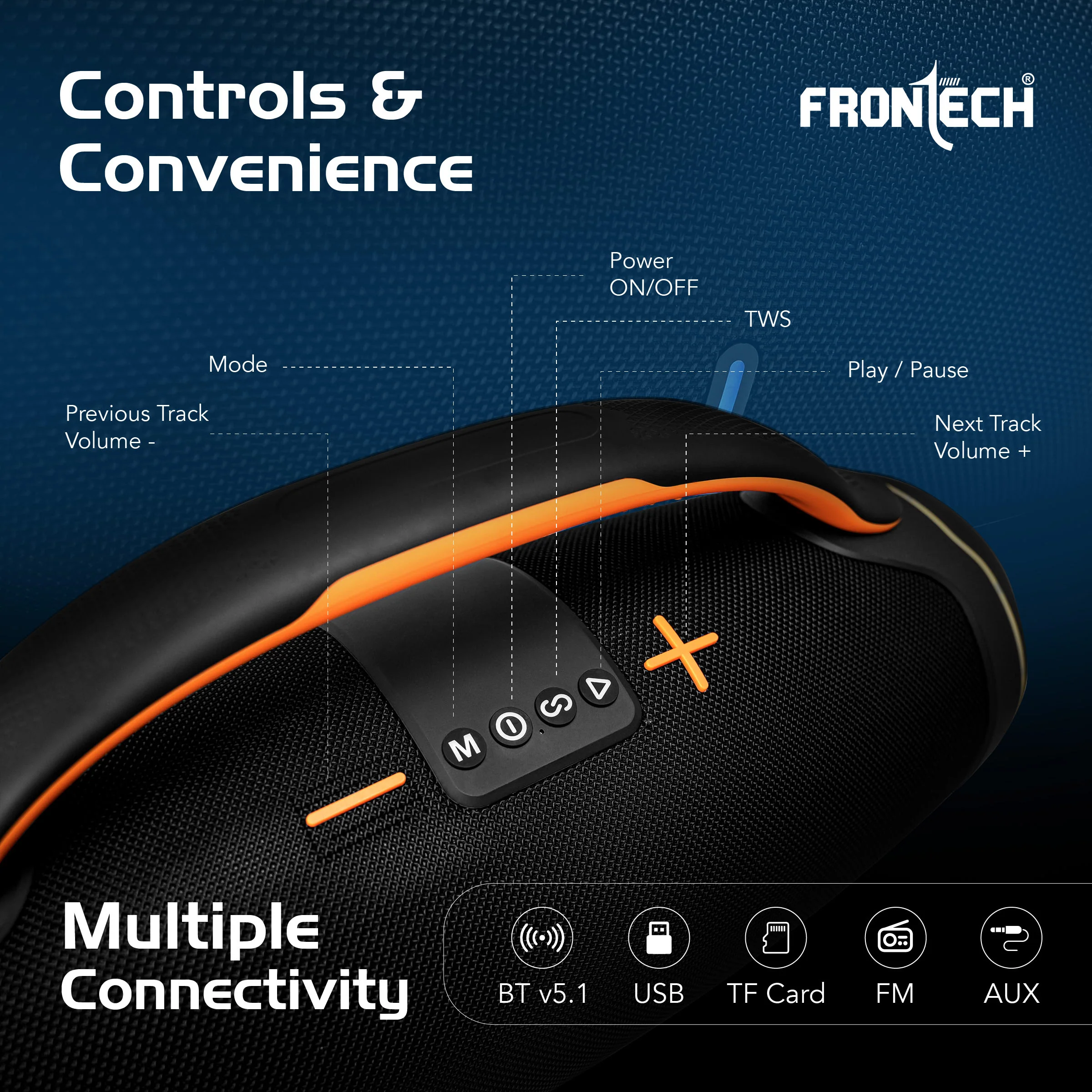 Frontech Echo Boom-253 120W Portable Bluetooth Speaker | Deep Bass| 10000mAh Battery with Reverse Charge| Stylish Rubber Finish| RGB Lights | TWS, FM, AUX, USB & TF Card | 1 Year Warranty (SW-0253) - Image 7