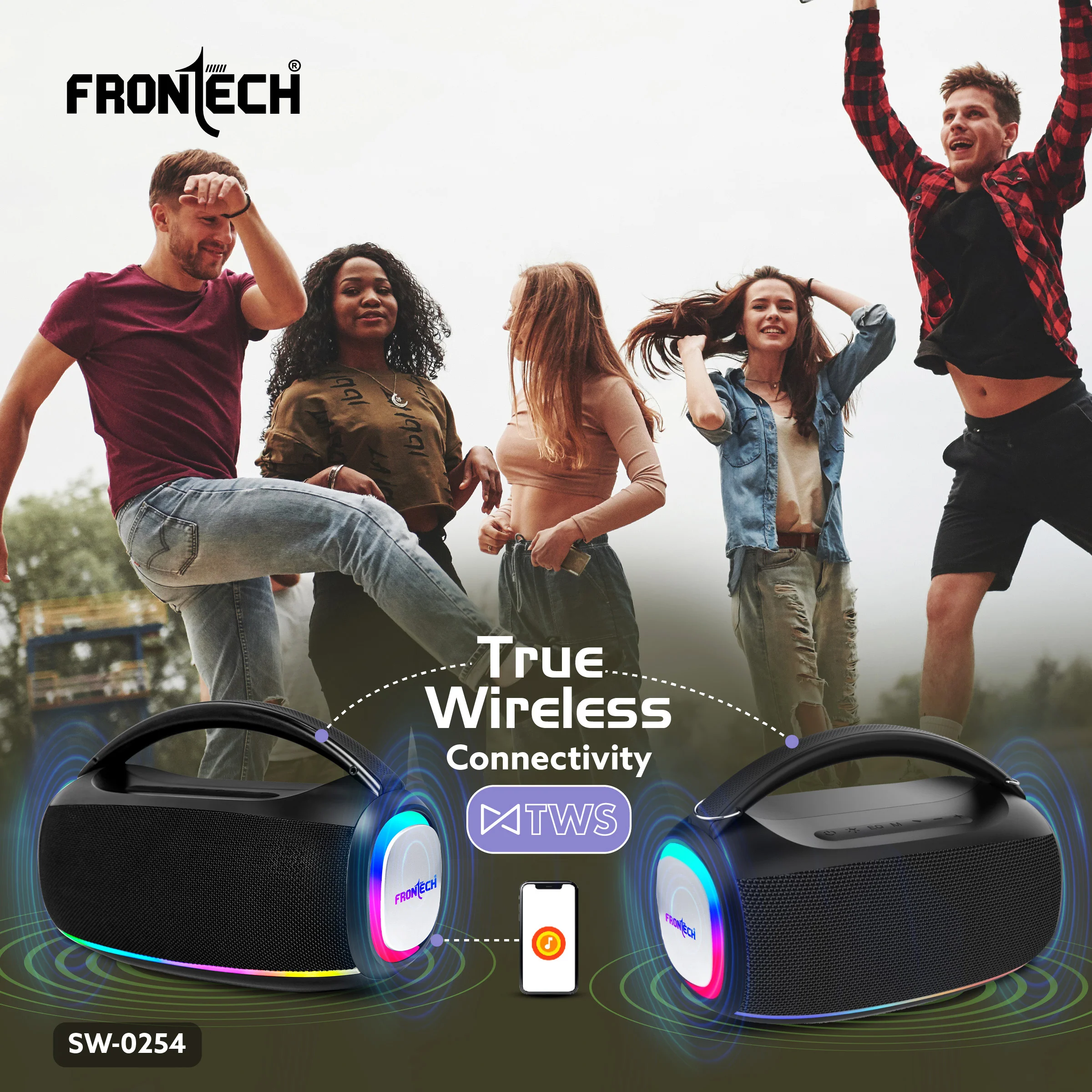 Frontech Echo Boom-254 | 20W Bluetooth Speaker with RGB Lights | True Wireless Stereo (TWS), Bluetooth 5.1, FM Radio | Powerful Bass, Portable Design, USB/TF/AUX | 3000mAh Battery | 1 Year Warranty (SW-0254) - Image 3