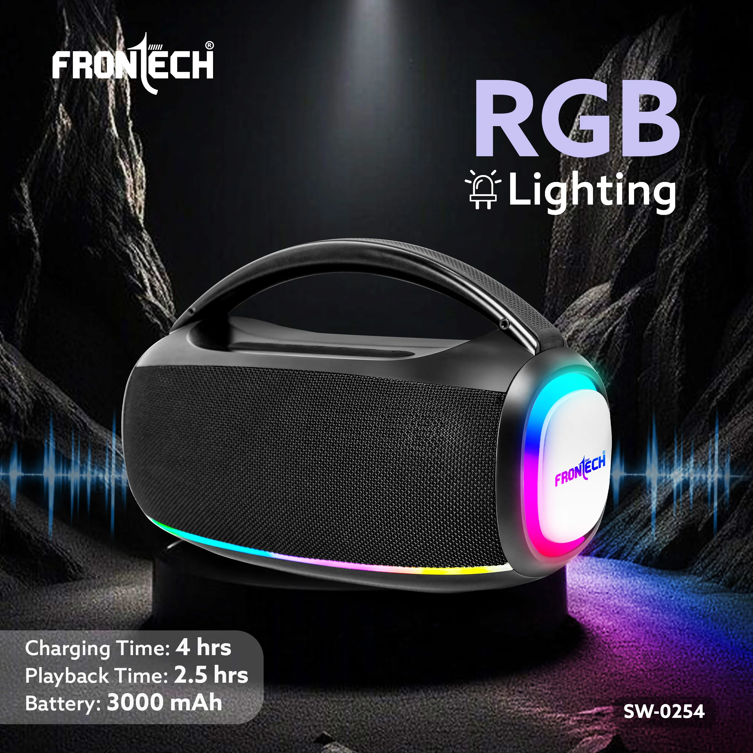 Frontech Echo Boom-254 | 20W Bluetooth Speaker with RGB Lights | True Wireless Stereo (TWS), Bluetooth 5.1, FM Radio | Powerful Bass, Portable Design, USB/TF/AUX | 3000mAh Battery | 1 Year Warranty (SW-0254) - Image 4