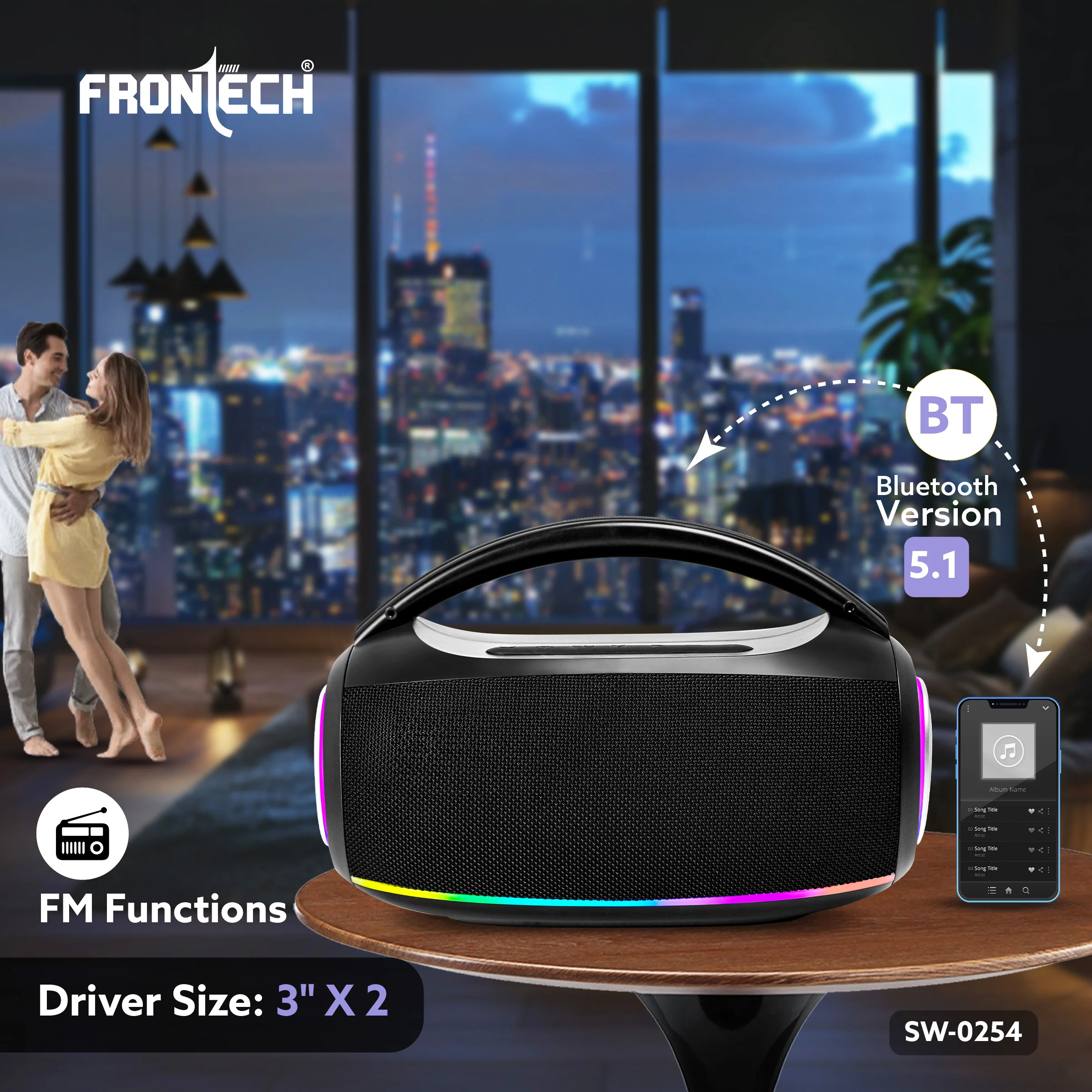 Frontech Echo Boom-254 | 20W Bluetooth Speaker with RGB Lights | True Wireless Stereo (TWS), Bluetooth 5.1, FM Radio | Powerful Bass, Portable Design, USB/TF/AUX | 3000mAh Battery | 1 Year Warranty (SW-0254) - Image 5