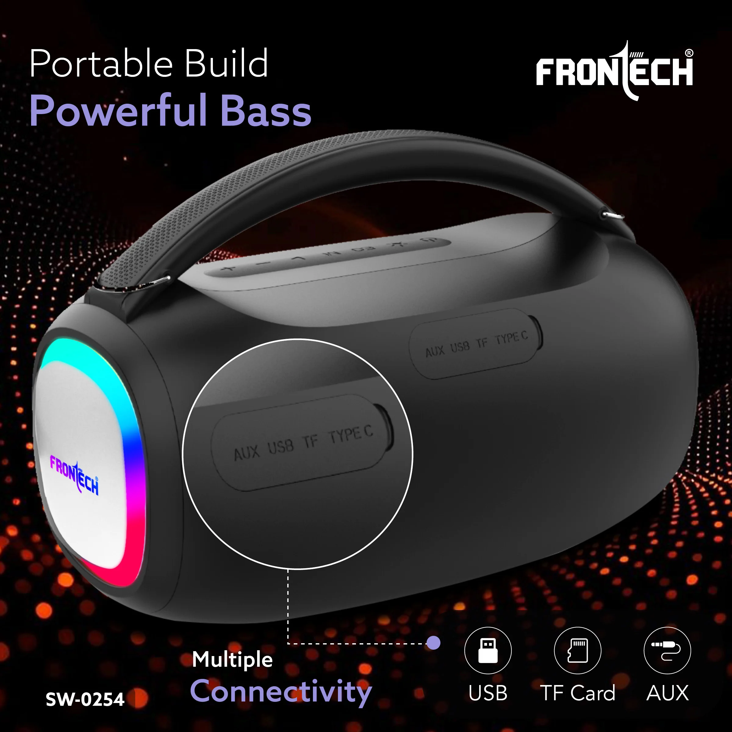 Frontech Echo Boom-254 | 20W Bluetooth Speaker with RGB Lights | True Wireless Stereo (TWS), Bluetooth 5.1, FM Radio | Powerful Bass, Portable Design, USB/TF/AUX | 3000mAh Battery | 1 Year Warranty (SW-0254) - Image 6