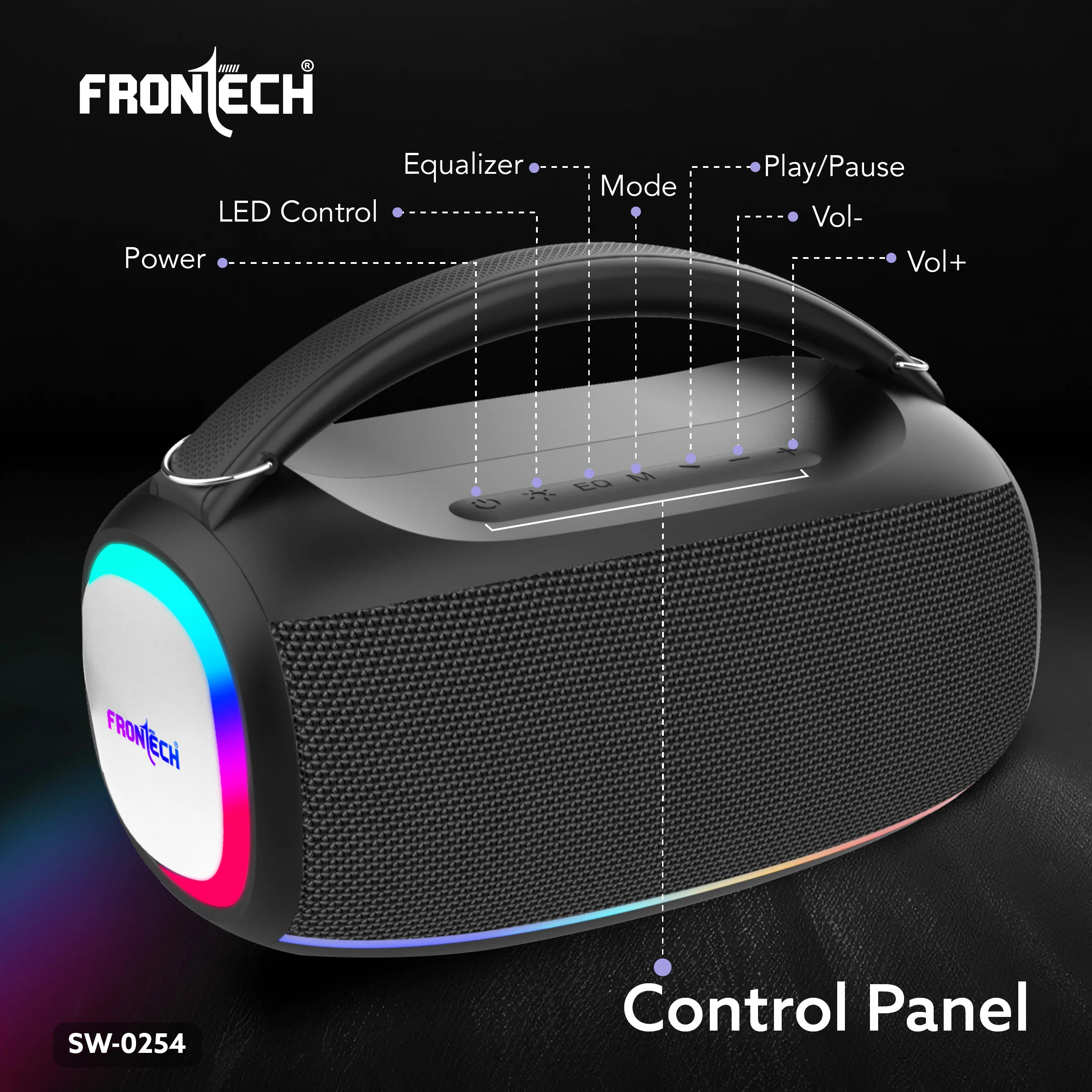Frontech Echo Boom-254 | 20W Bluetooth Speaker with RGB Lights | True Wireless Stereo (TWS), Bluetooth 5.1, FM Radio | Powerful Bass, Portable Design, USB/TF/AUX | 3000mAh Battery | 1 Year Warranty (SW-0254) - Image 7