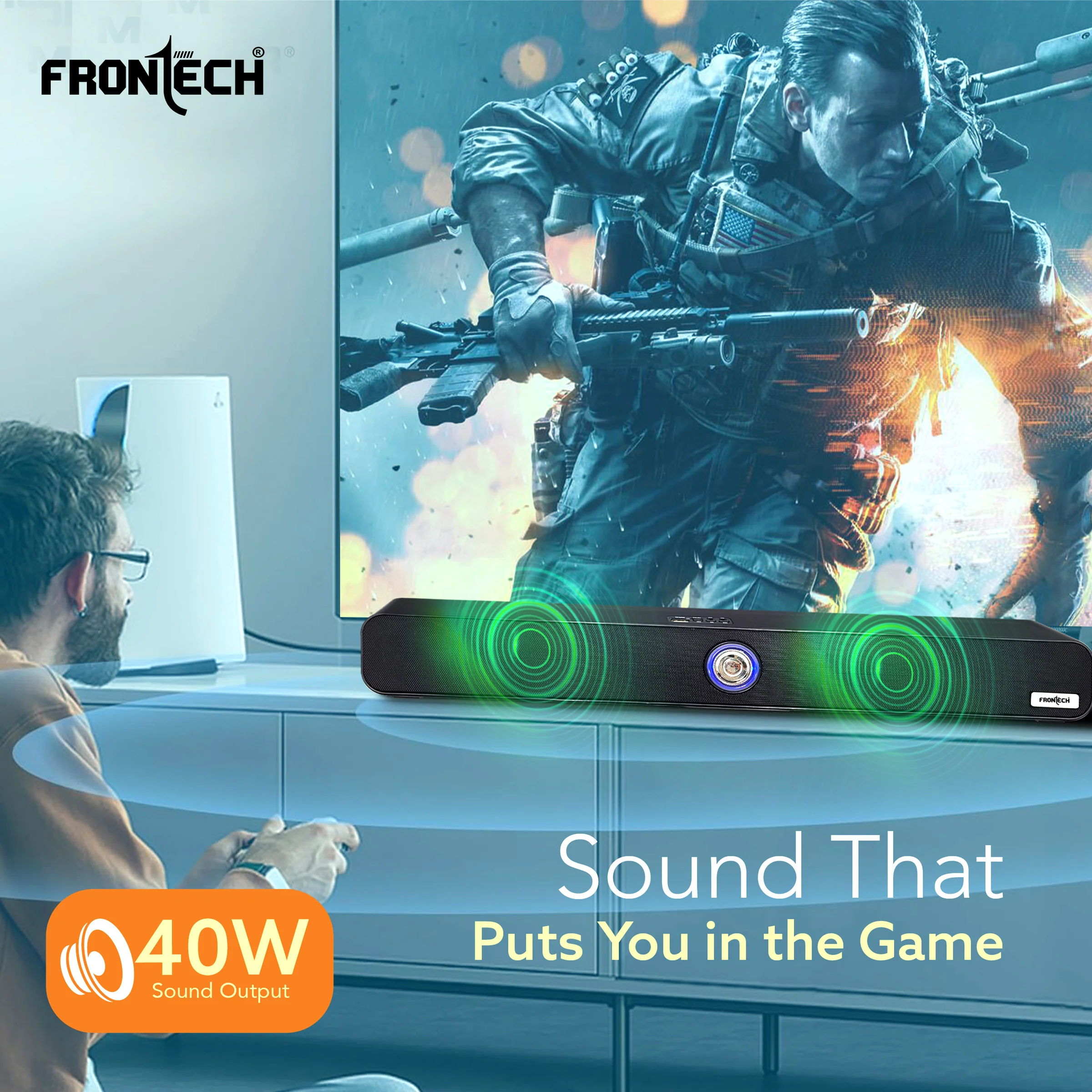 FRONTECH ECHOLITE-71 Mini Soundbar: 40W Bluetooth 5.0 Portable Home Theater Speaker with AUX/USB/TF Card & 2400mAh Battery. (SW-0071) - Image 3