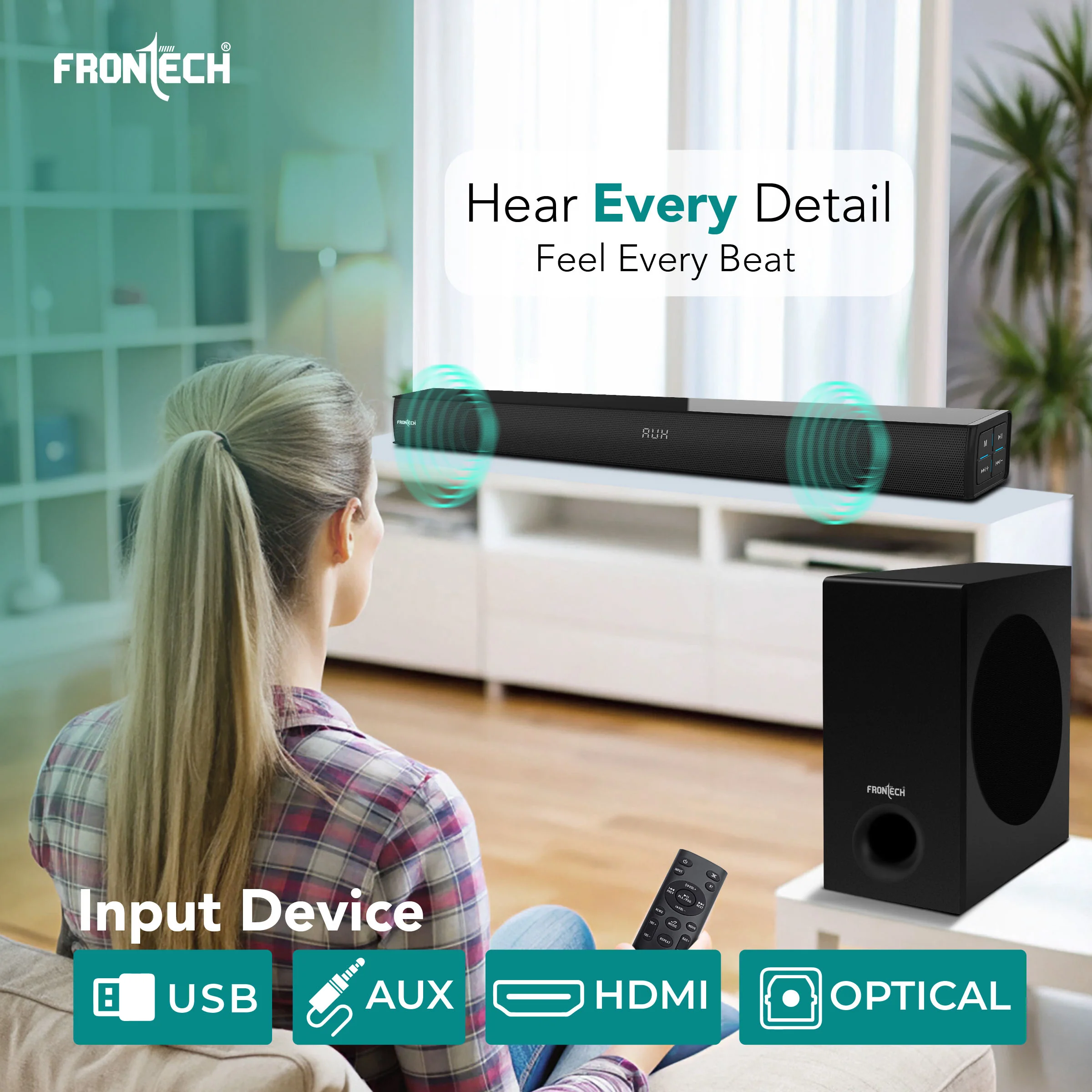 Frontech EchoMax-262 | 2.1 Channel Soundbar with Subwoofer | 265W Output | BT 5.3/HDMI/Optical/USB & AUX Connectivity (SW-0262) - Image 3