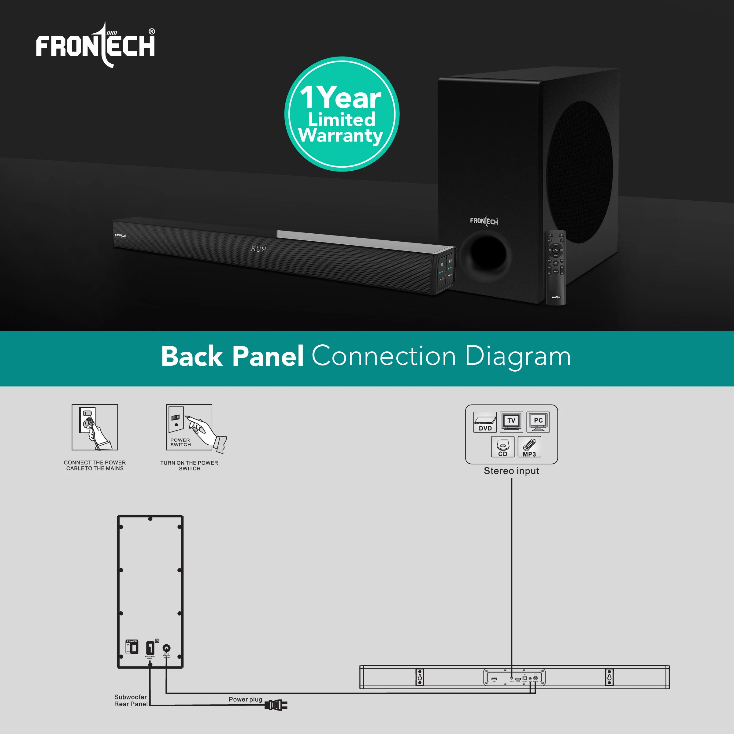 Frontech EchoMax-262 | 2.1 Channel Soundbar with Subwoofer | 265W Output | BT 5.3/HDMI/Optical/USB & AUX Connectivity (SW-0262) - Image 7