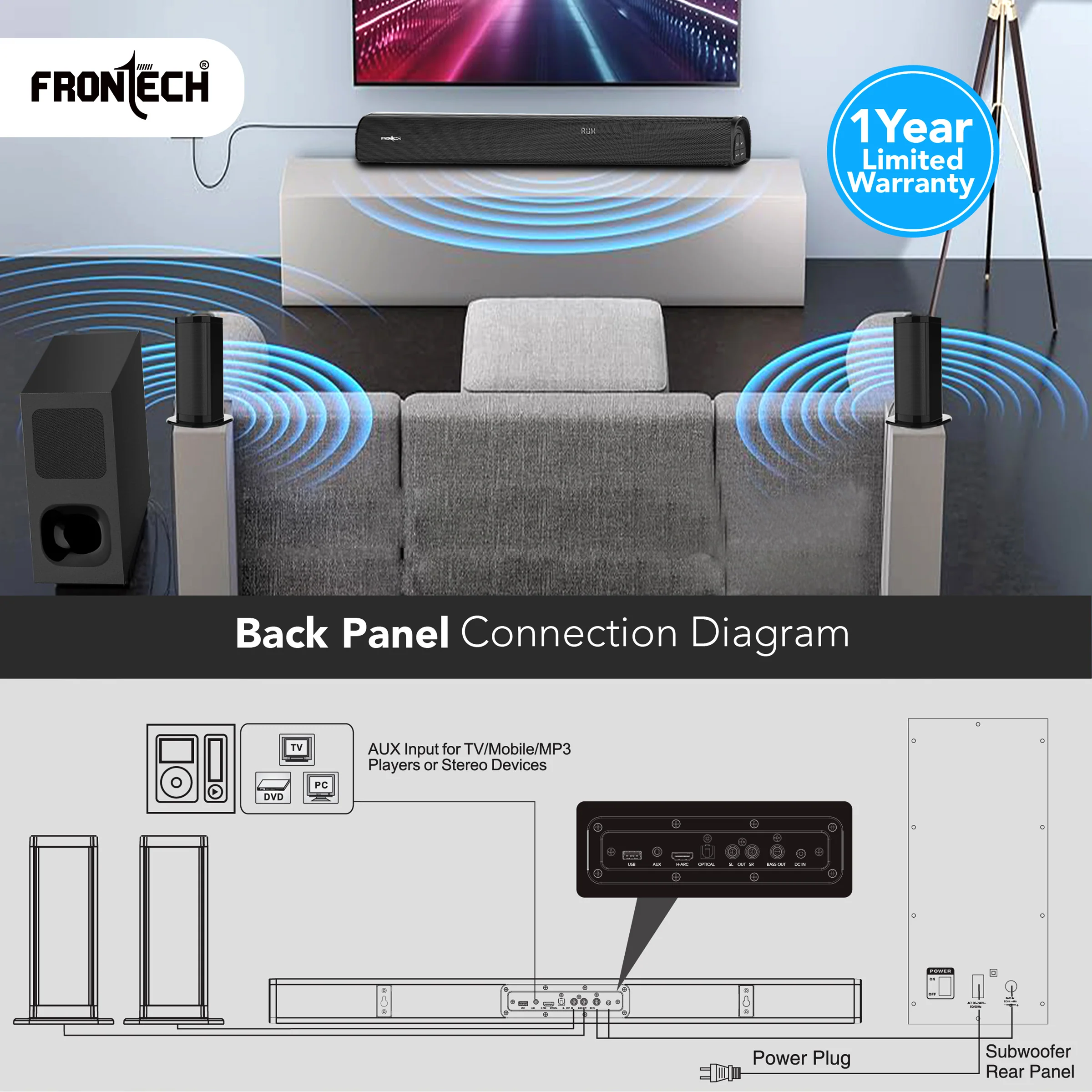 Frontech EchoMax-266 290W 5.1 Channel Sound Bar with Subwoofer | Home Theatre System for TV | Bluetooth, HDMI, AUX, USB | Wall Mountable | Deep Bass | Ideal for Movies, Music, Gaming (SW-0266) - Image 8
