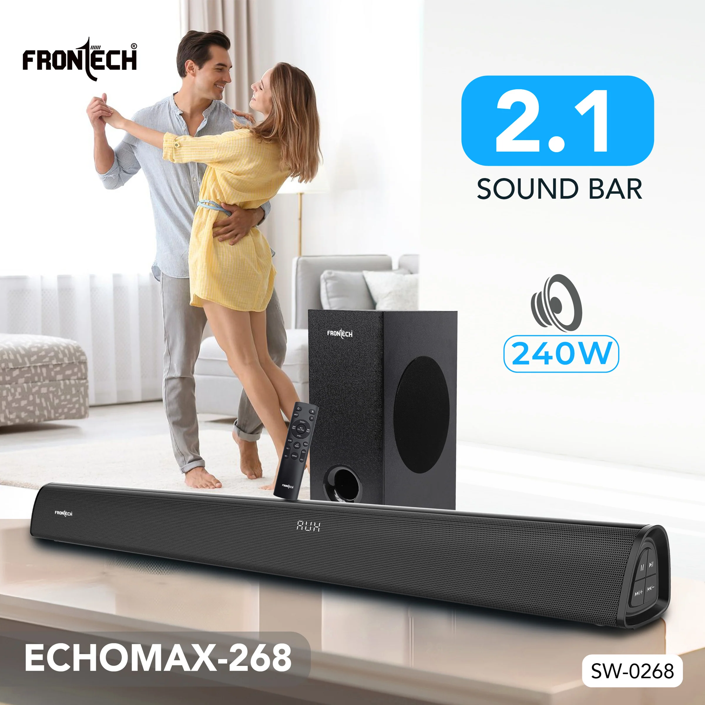 Frontech ECHOMAX-268 2.1 Soundbar System | 240W Power | Bluetooth 5.3 | HDMI ARC | Optical Audio | Deep Bass with Wired Subwoofer and Remote (SW-0268) - Image 3