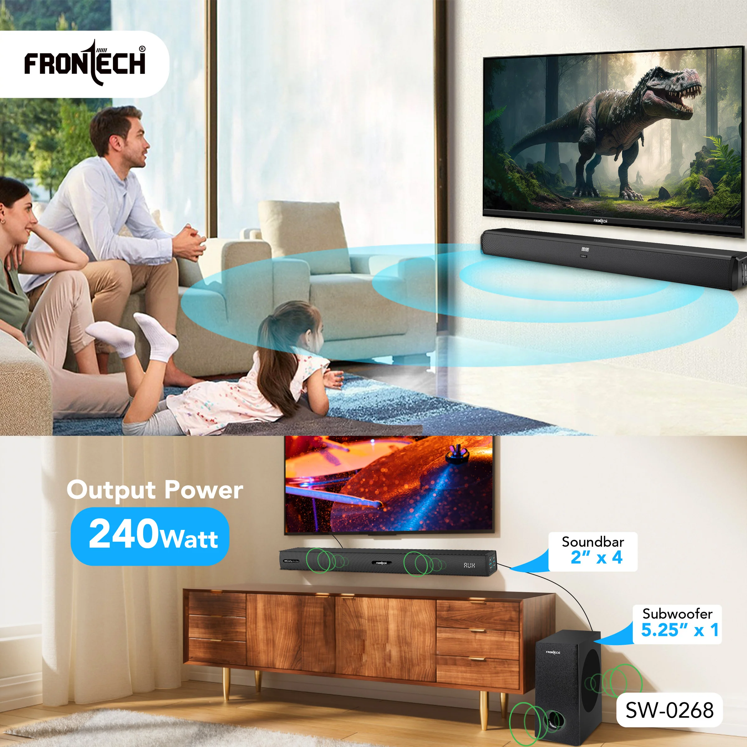 Frontech ECHOMAX-268 2.1 Soundbar System | 240W Power | Bluetooth 5.3 | HDMI ARC | Optical Audio | Deep Bass with Wired Subwoofer and Remote (SW-0268) - Image 5