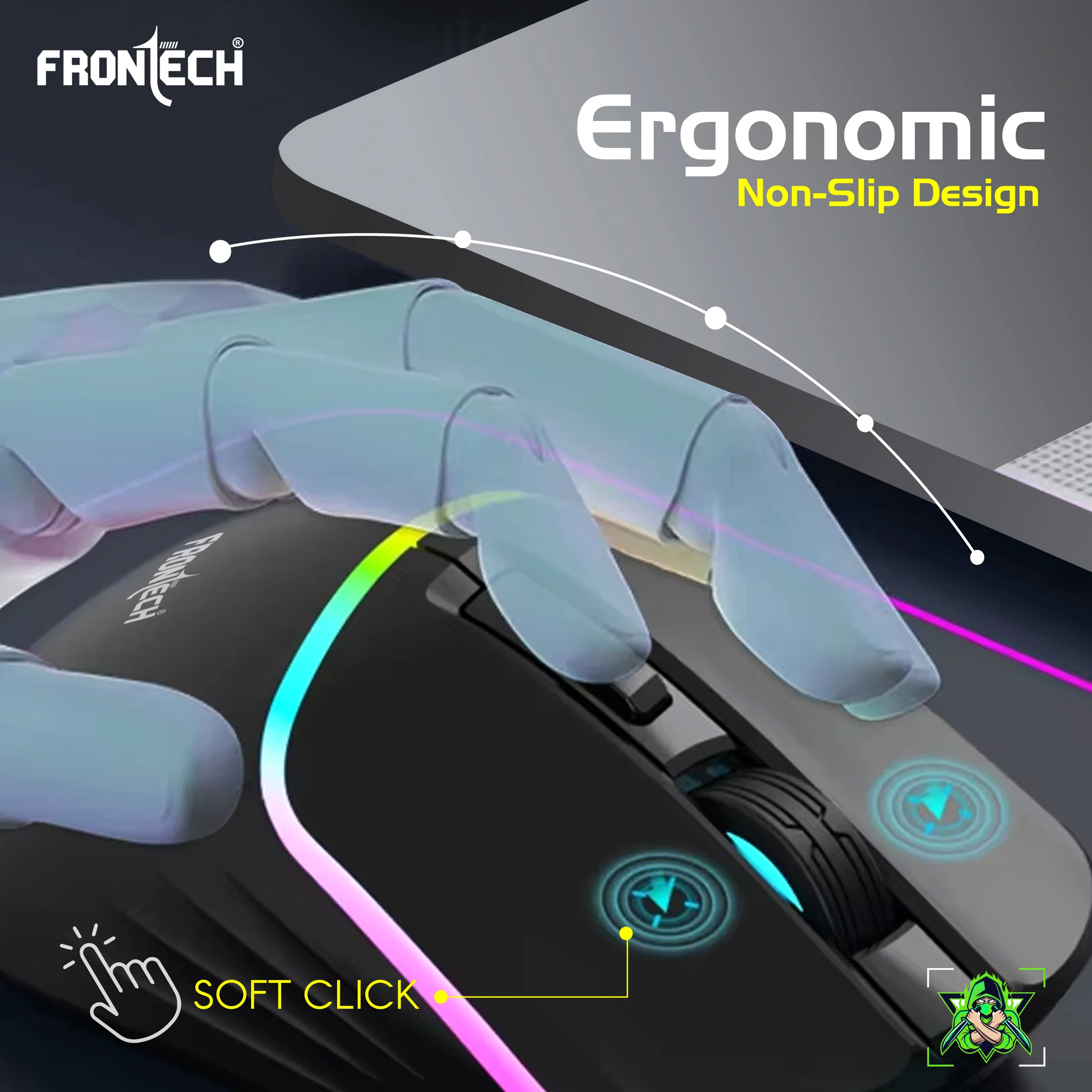 Frontech Wired RGB Gaming Mouse|USB Plug & Play|1.5m Braided Cable|7200 DPI|6 Button Mouse| Ergonomic Design|1 Year Warranty - Image 3