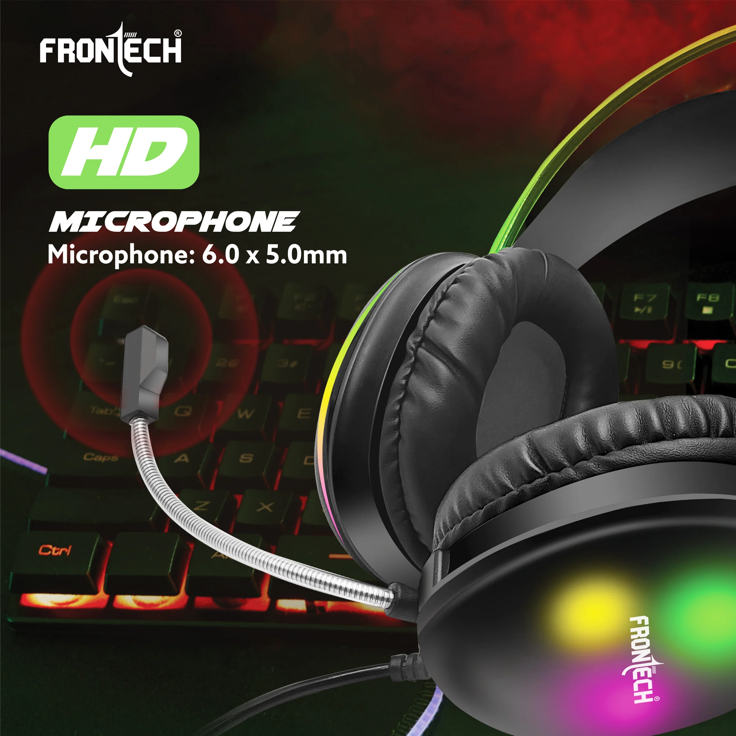 Frontech Gaming Headset with RGB Lights | 50mm Driver | Noise-Cancelling Mic | Volume Control | 3.5mm + USB for RGB | Soft Cushions (HF-0015) - Image 3