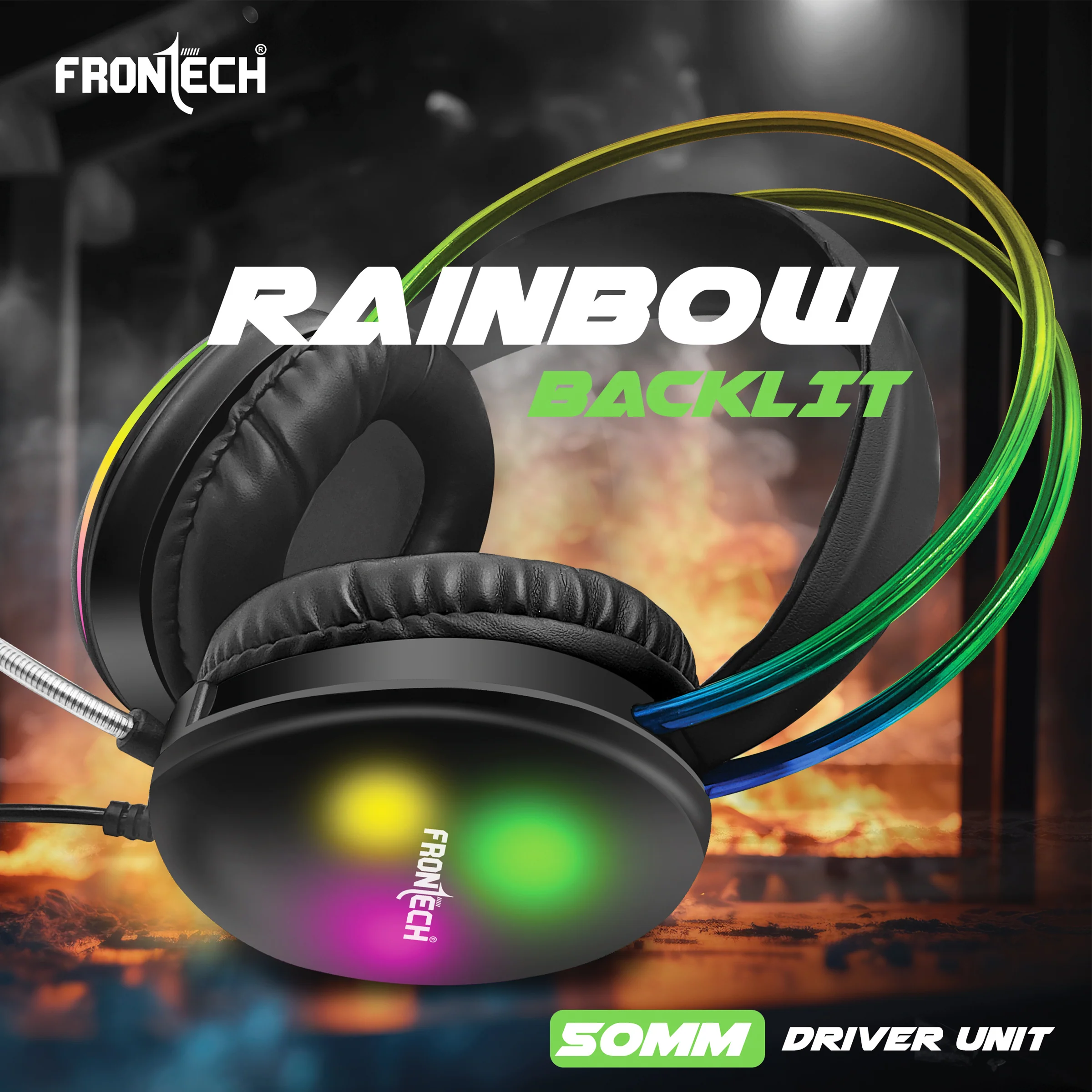 Frontech Gaming Headset with RGB Lights | 50mm Driver | Noise-Cancelling Mic | Volume Control | 3.5mm + USB for RGB | Soft Cushions (HF-0015) - Image 4