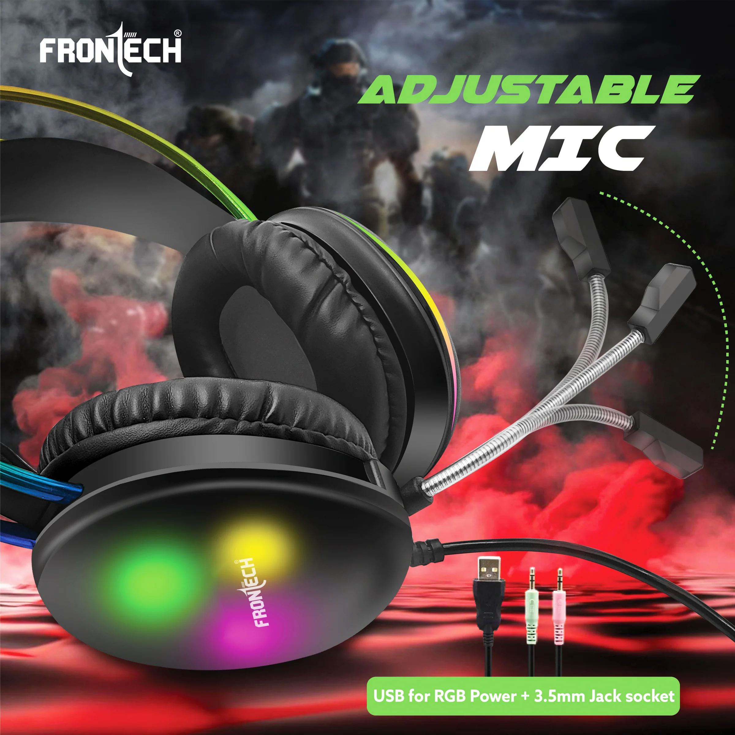 Frontech Gaming Headset with RGB Lights | 50mm Driver | Noise-Cancelling Mic | Volume Control | 3.5mm + USB for RGB | Soft Cushions (HF-0015) - Image 5