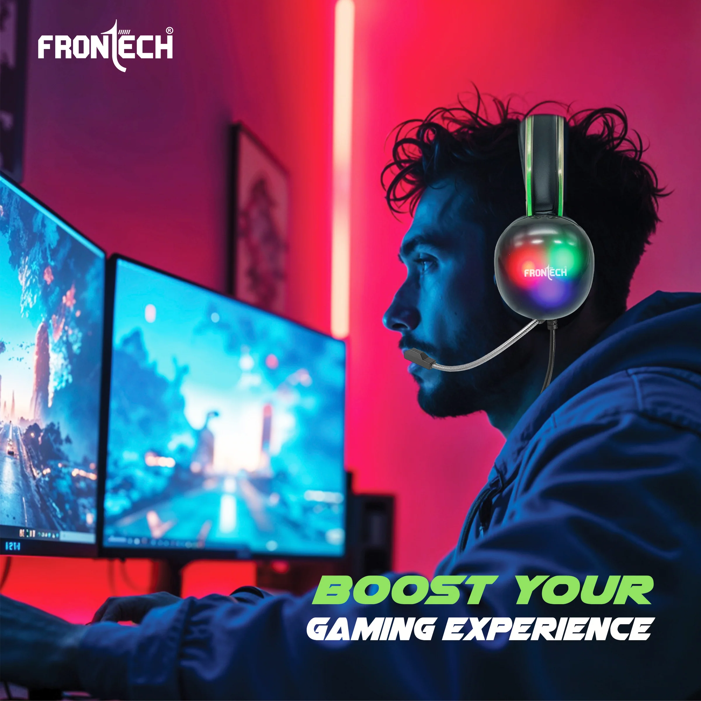 Frontech Gaming Headset with RGB Lights | 50mm Driver | Noise-Cancelling Mic | Volume Control | 3.5mm + USB for RGB | Soft Cushions (HF-0015) - Image 8