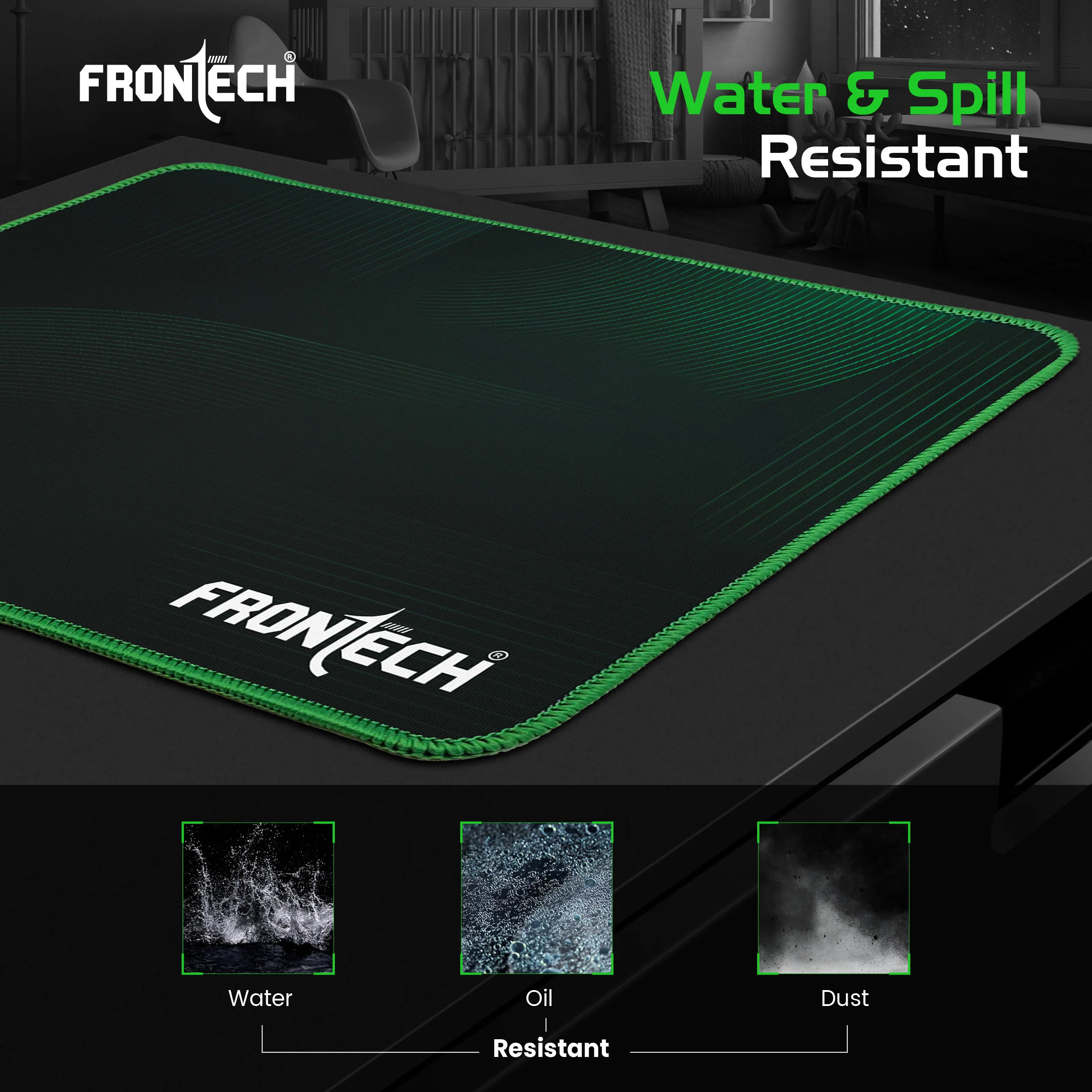 Frontech Gaming Mouse Pad | 300mm x 250mm x 2mm | Ultra-Smooth Micro-Textured Surface | Non-Slip Rubber Base | Stitched Edges | Green & Black (MSP-0063) - Image 4