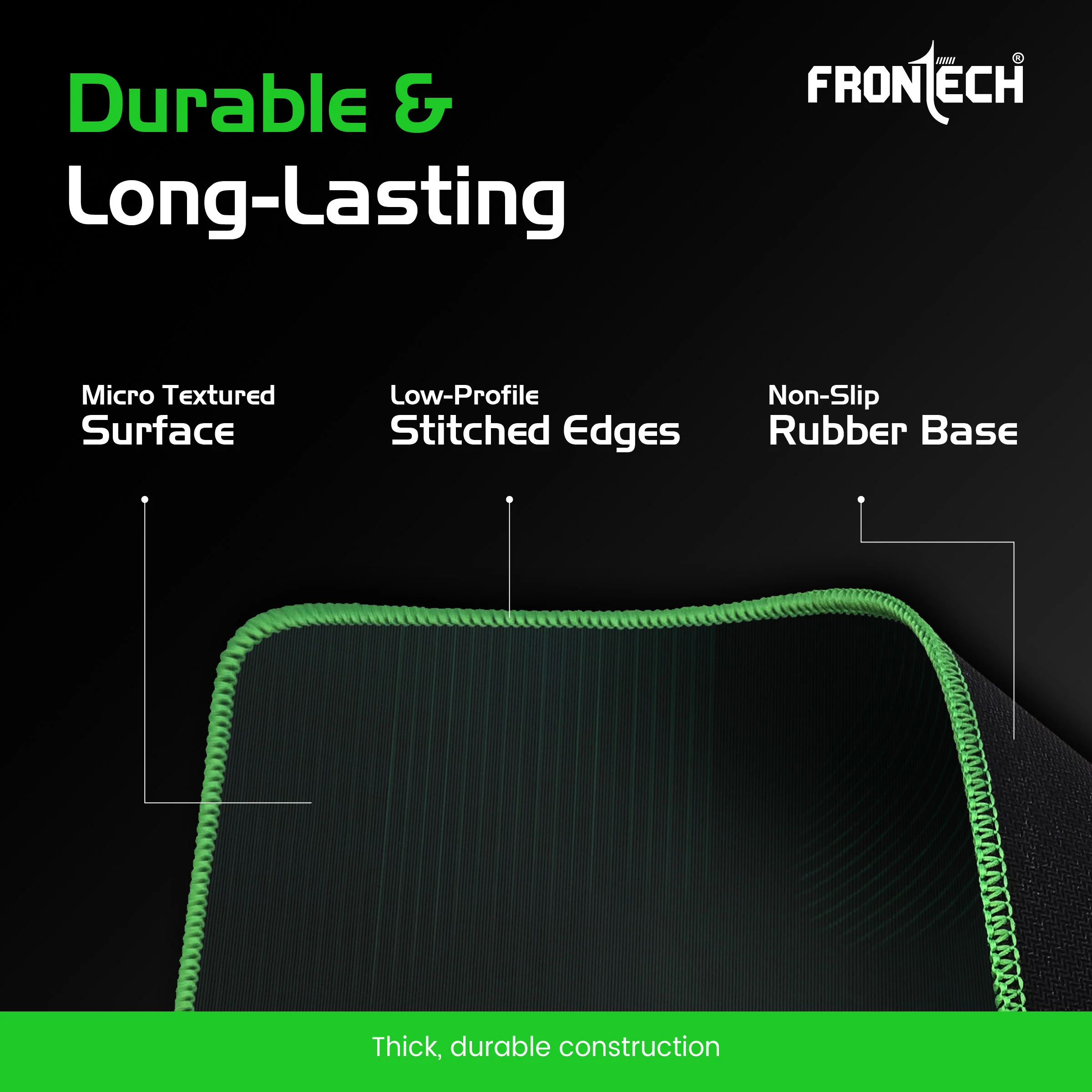 Frontech Gaming Mouse Pad | 300mm x 250mm x 2mm | Ultra-Smooth Micro-Textured Surface | Non-Slip Rubber Base | Stitched Edges | Green & Black (MSP-0063) - Image 5