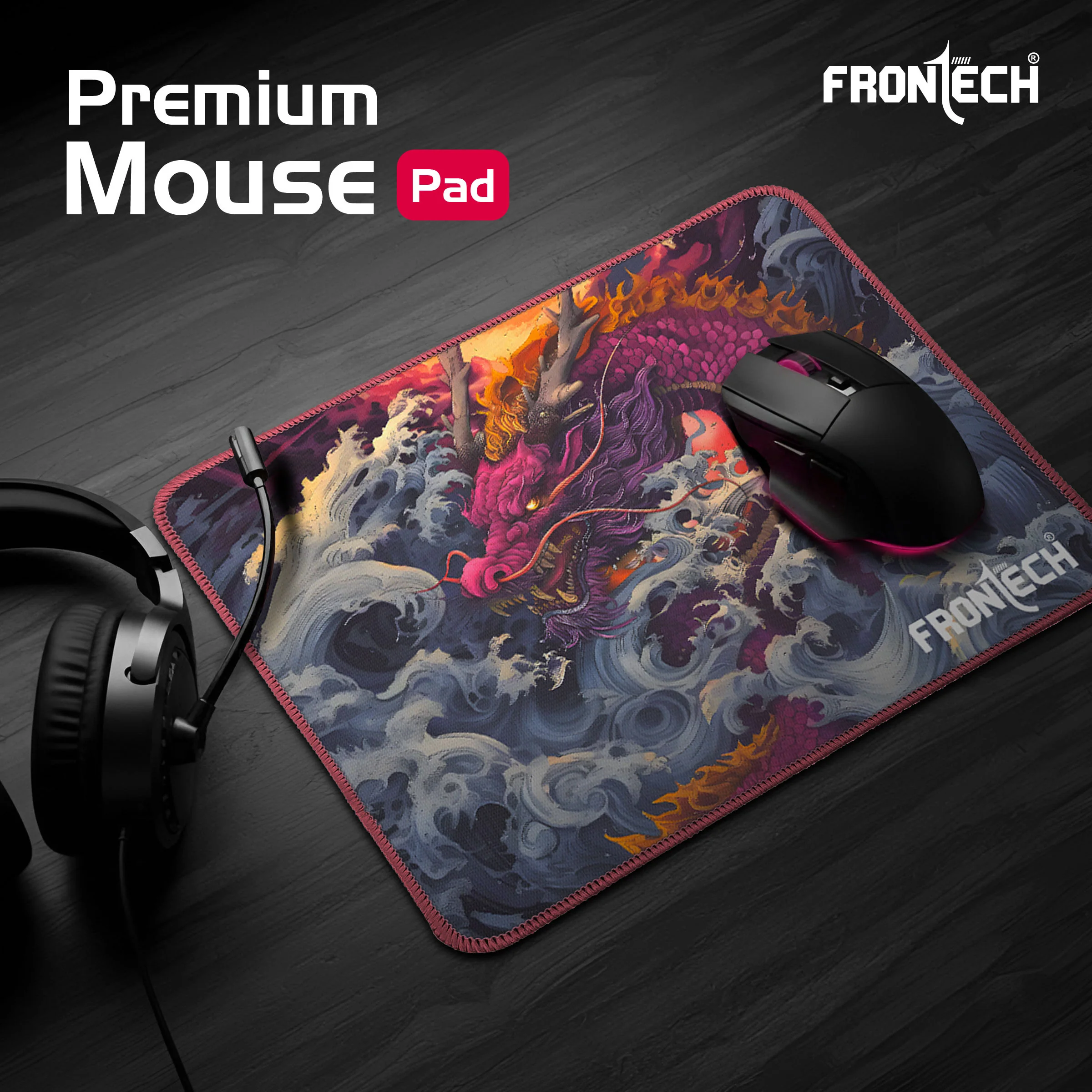 Frontech Gaming Mouse Pad | 300mm x 250mm x 2mm | Ultra-Smooth Micro-Textured Surface | Non-Slip Rubber Base | Stitched Edges | Red (MSP-0063B) - Image 2