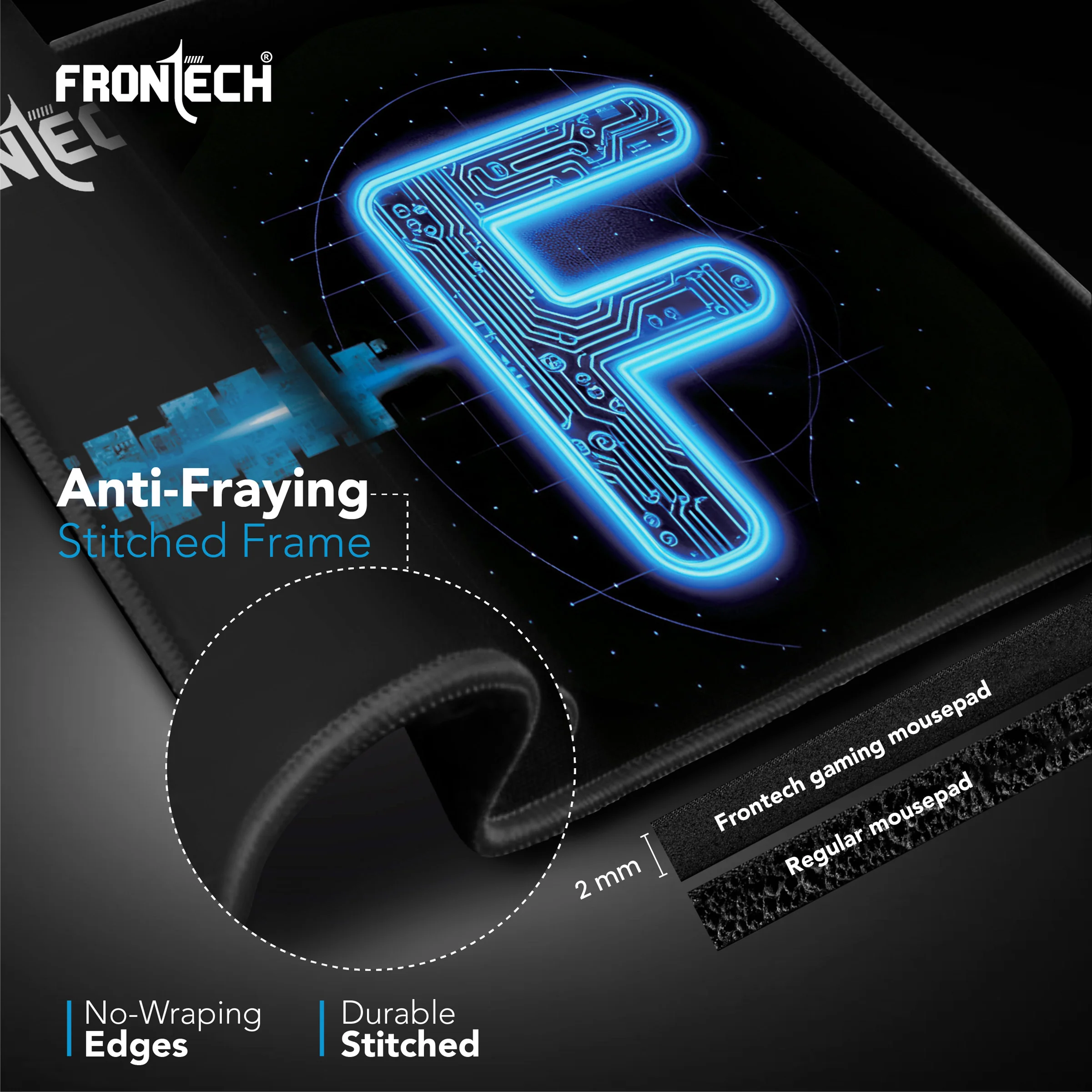 Frontech Gaming Mouse Pad | Water Resistant | Anti-Slip Base | Stitched Edges | 232mm x 182mm x 2mm | Blue (MSP-0062B) - Image 4