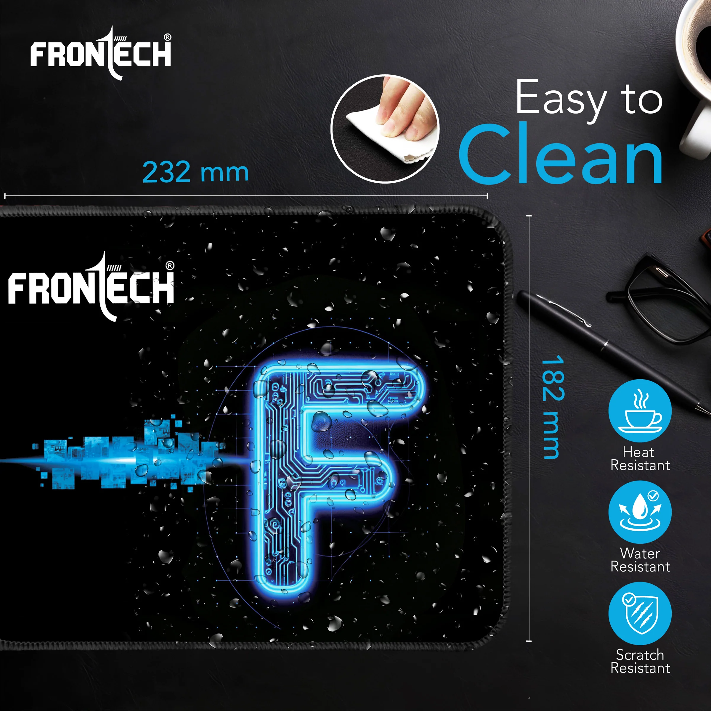 Frontech Gaming Mouse Pad | Water Resistant | Anti-Slip Base | Stitched Edges | 232mm x 182mm x 2mm | Blue (MSP-0062B) - Image 6