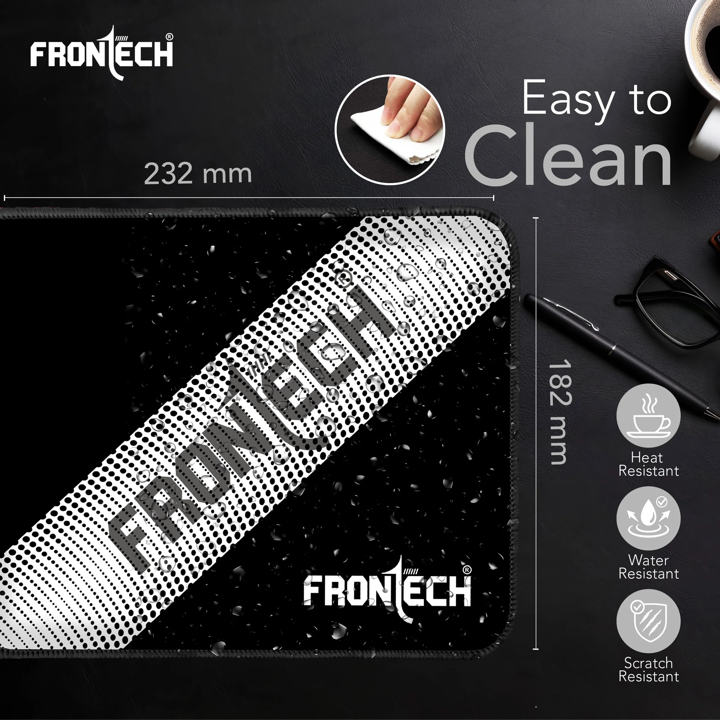 Frontech Gaming Mouse Pad | Water Resistant | Anti-Slip Base | Stitched Edges | 232mm x 182mm x 2mm | Grey (MSP-0062C) - Image 6