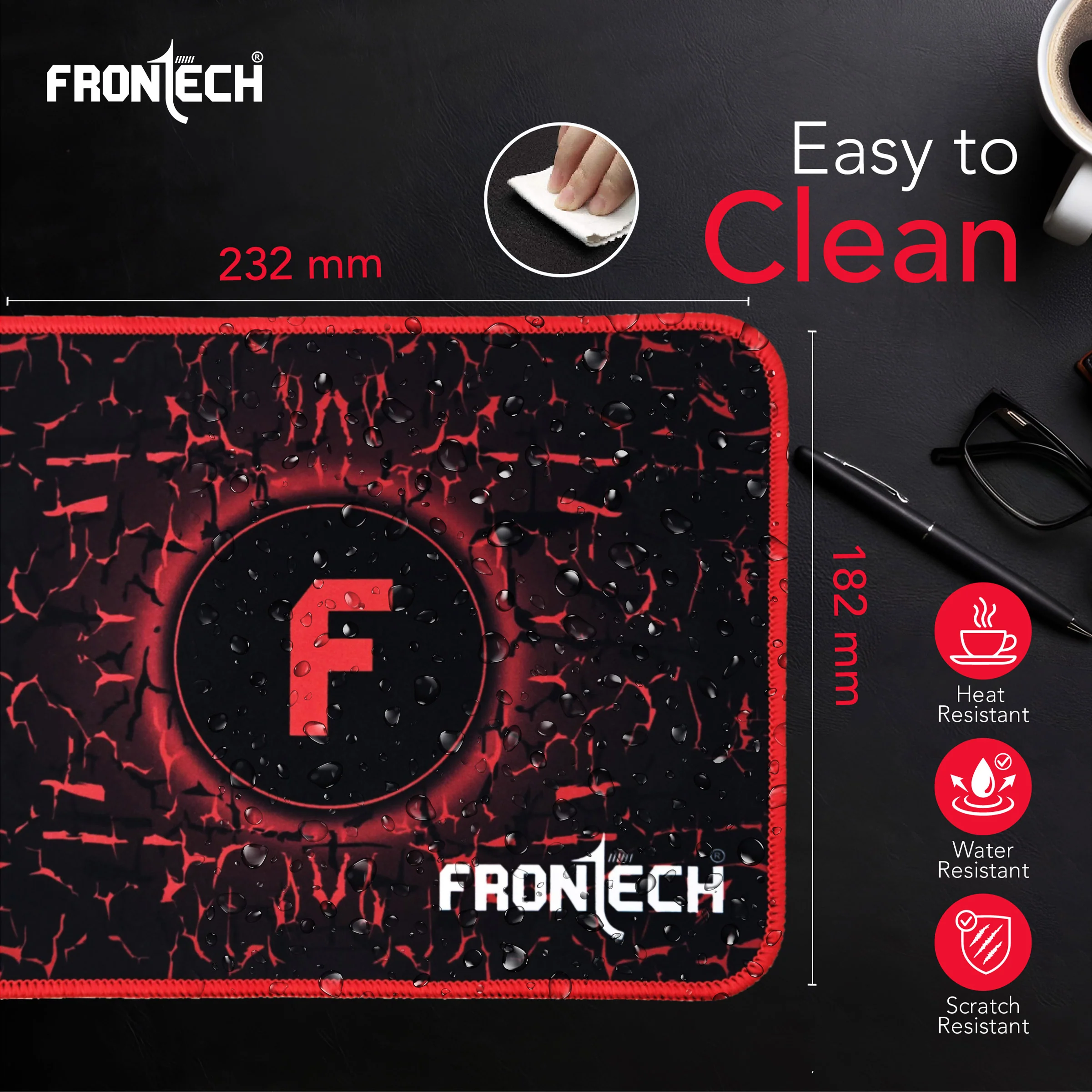 Frontech Gaming Mouse Pad | Water Resistant | Anti-Slip Base | Stitched Edges | 232mm x 182mm x 2mm | Red/Black (MSP-0062) - Image 6