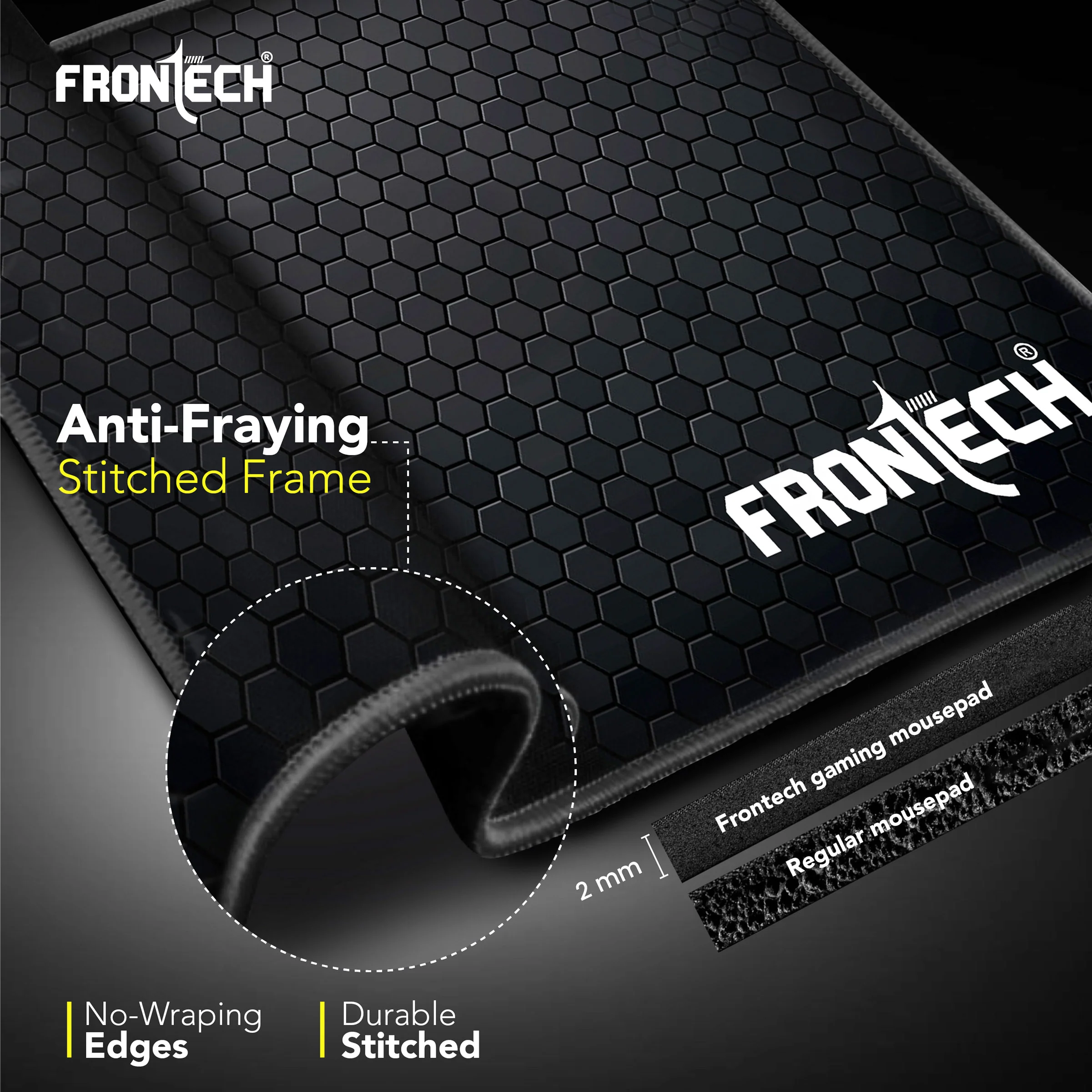 Frontech Gaming Mouse Pad | Water Resistant | Anti-Slip Base | Stitched Edges | 232mm x 182mm x 2mm | Black (MSP-0062A) - Image 4