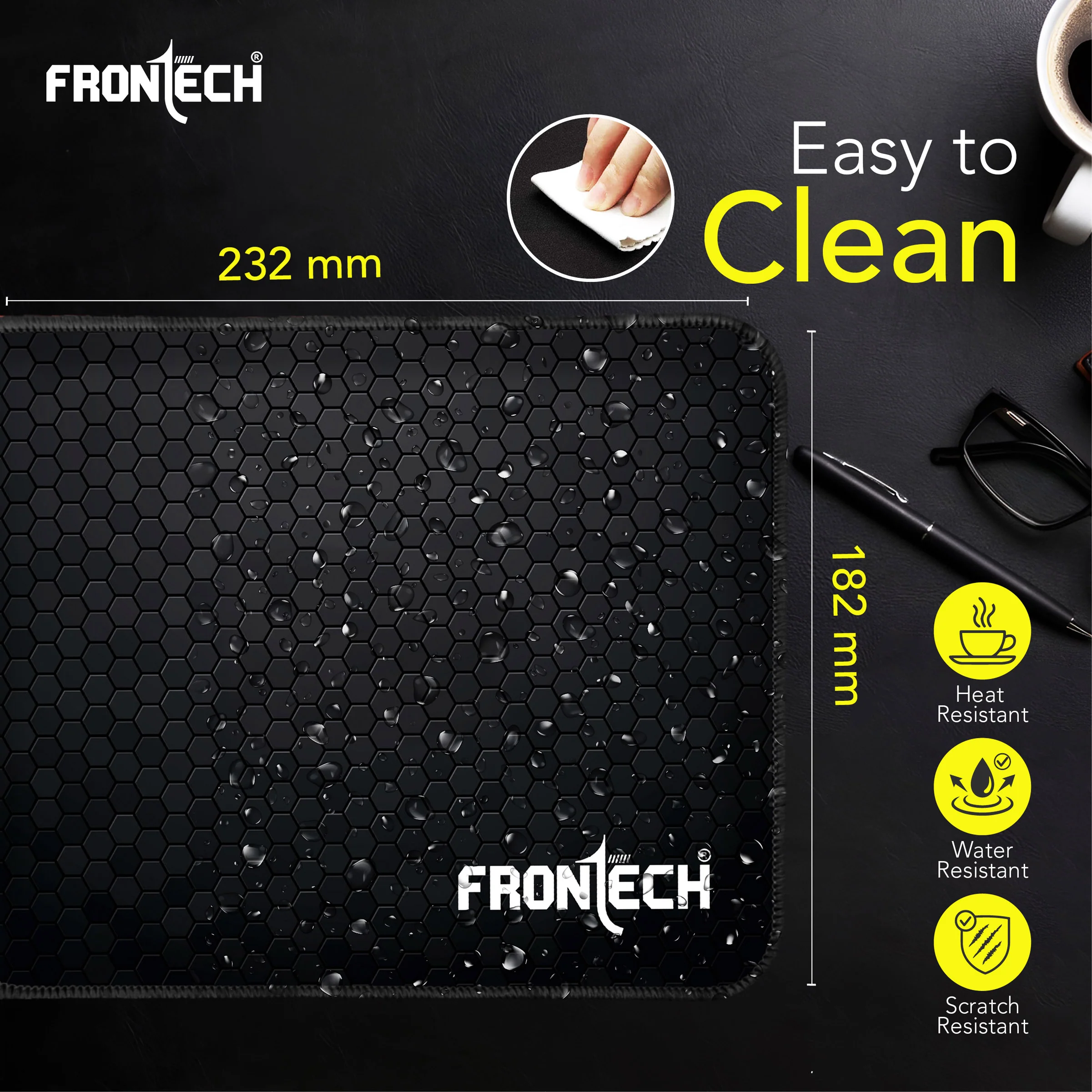 Frontech Gaming Mouse Pad | Water Resistant | Anti-Slip Base | Stitched Edges | 232mm x 182mm x 2mm | Black (MSP-0062A) - Image 6