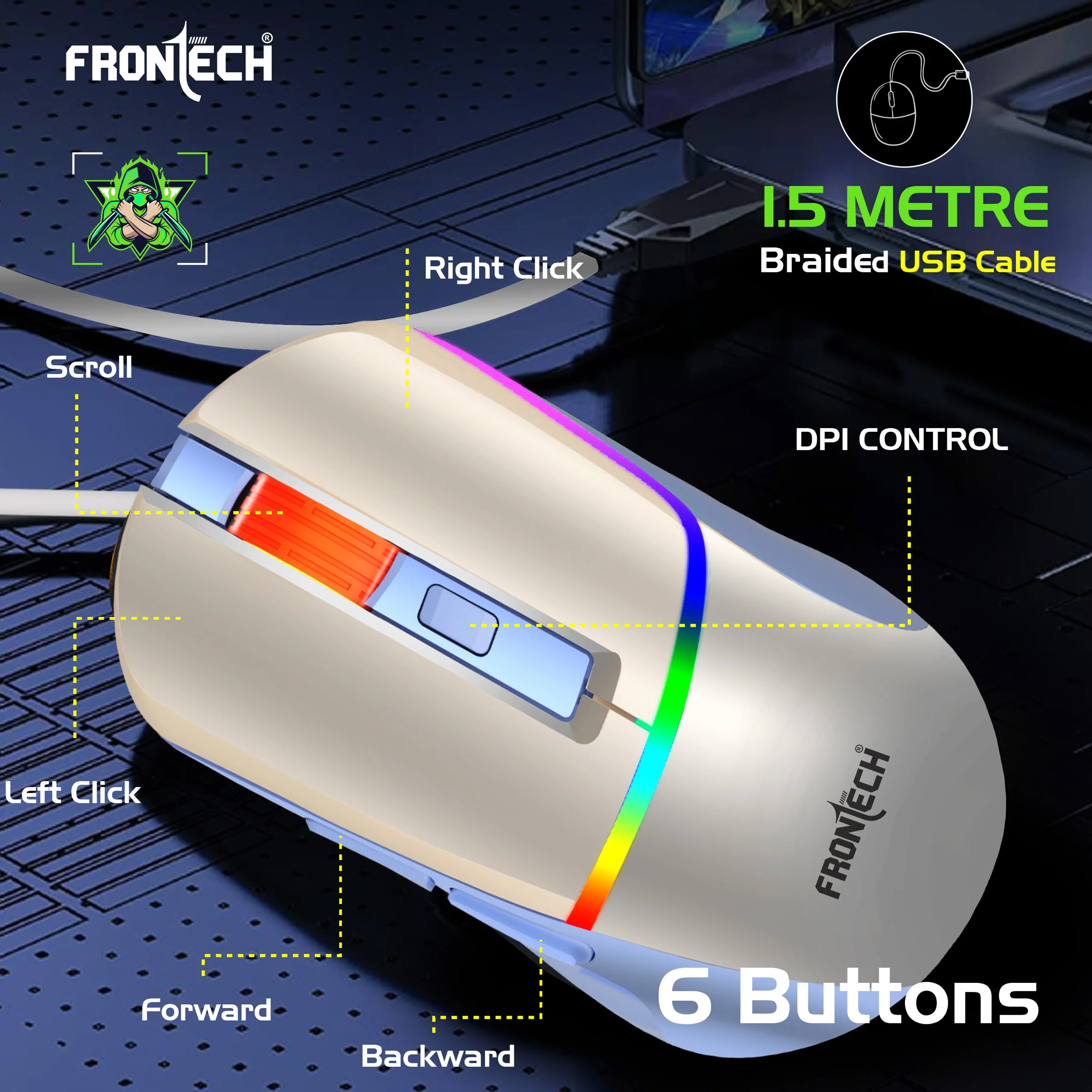 Frontech Wired RGB Gaming Mouse|USB Plug & Play|1.5m Braided Cable|7200 DPI|6 Button Mouse| Ergonomic Design|1 Year Warranty - Image 4