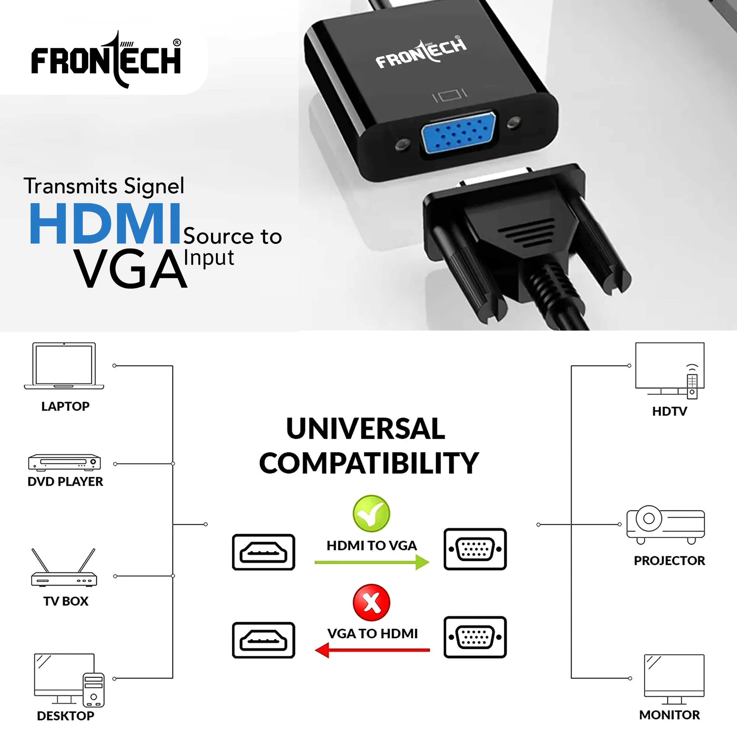 Frontech HDMI to VGA Adapter with Full HD 1080p Resolution, Gold Plated connectors, Plug Play Usage, Strong and Durable Build Quality.(NC-0037) - Image 3