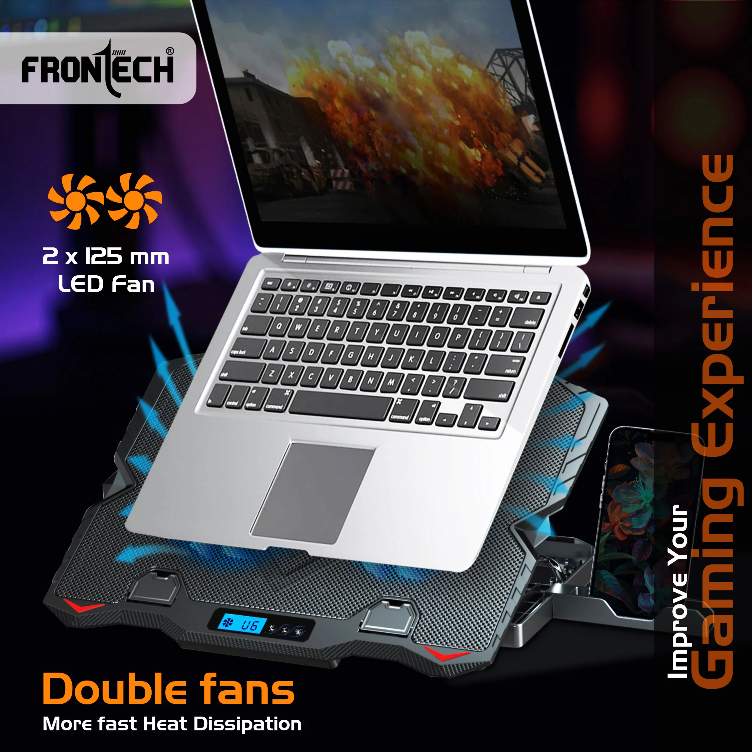 Frontech Laptop Cooling Pad | 2×125mm Blue LED Fans | Heat Dissipation | 5-Adjustable Height with LCD Display | Mobile Stand | Metal Mesh | 2 USB Ports | 9–15.6 Inch Laptops | 1 Year Warranty(CP-0013) - Image 2