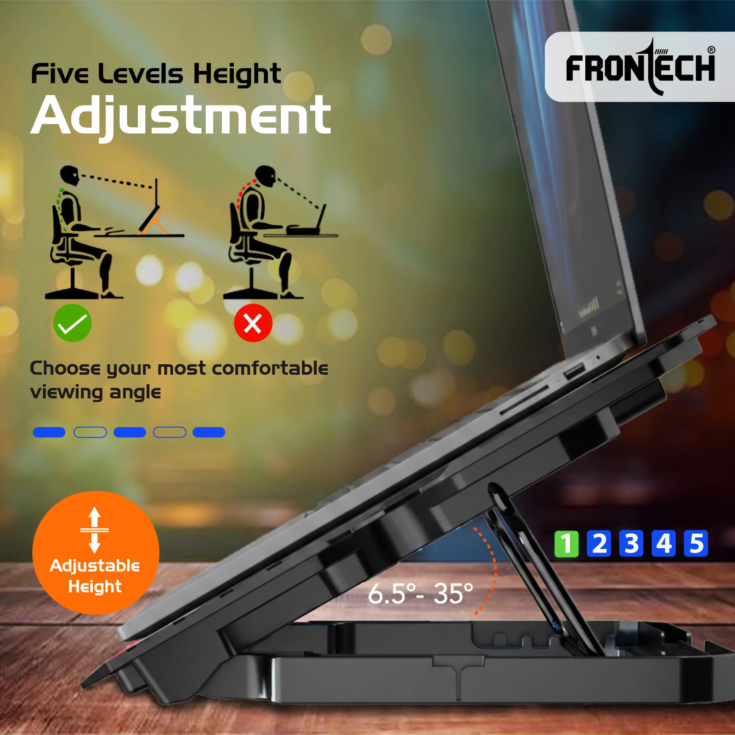 Frontech Laptop Cooling Pad | 2×125mm Blue LED Fans | Heat Dissipation | 5-Adjustable Height with LCD Display | Mobile Stand | Metal Mesh | 2 USB Ports | 9–15.6 Inch Laptops | 1 Year Warranty(CP-0013) - Image 3