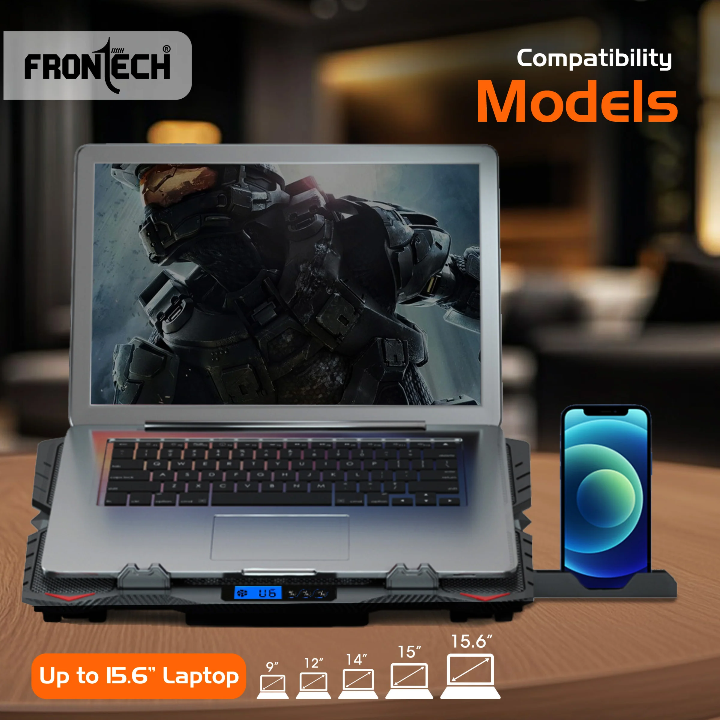 Frontech Laptop Cooling Pad | 2×125mm Blue LED Fans | Heat Dissipation | 5-Adjustable Height with LCD Display | Mobile Stand | Metal Mesh | 2 USB Ports | 9–15.6 Inch Laptops | 1 Year Warranty(CP-0013) - Image 4