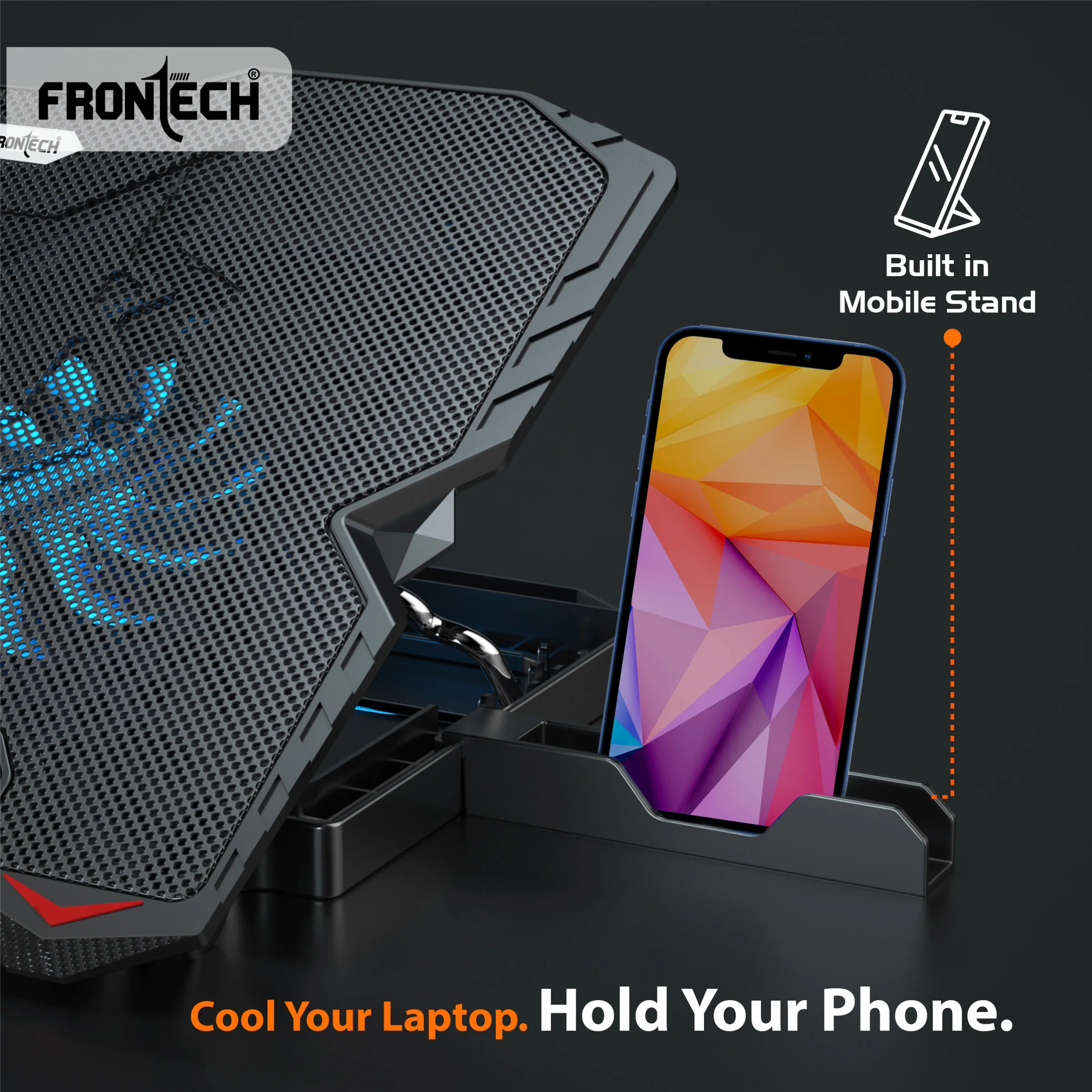 Frontech Laptop Cooling Pad | 2×125mm Blue LED Fans | Heat Dissipation | 5-Adjustable Height with LCD Display | Mobile Stand | Metal Mesh | 2 USB Ports | 9–15.6 Inch Laptops | 1 Year Warranty(CP-0013) - Image 5