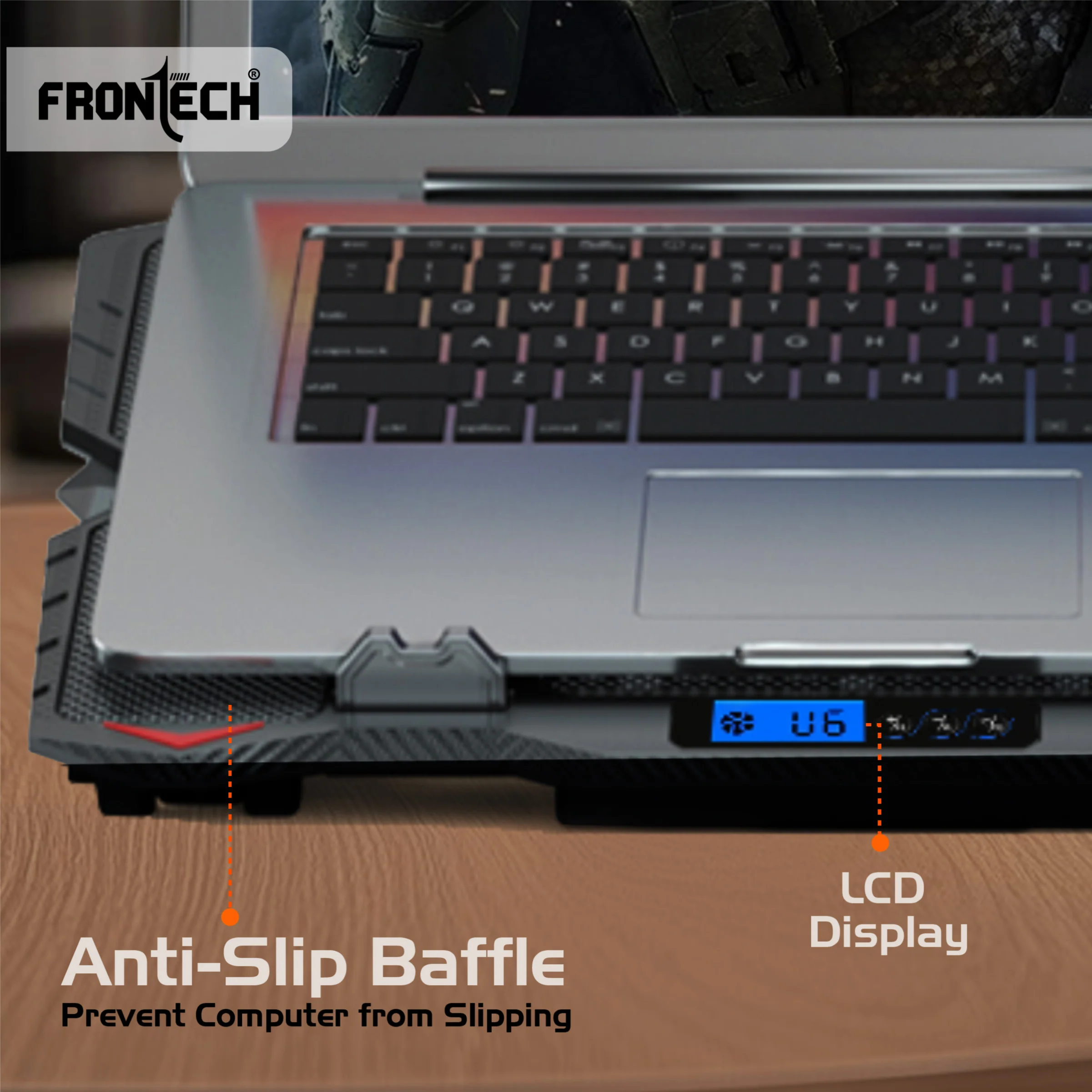 Frontech Laptop Cooling Pad | 2×125mm Blue LED Fans | Heat Dissipation | 5-Adjustable Height with LCD Display | Mobile Stand | Metal Mesh | 2 USB Ports | 9–15.6 Inch Laptops | 1 Year Warranty(CP-0013) - Image 6