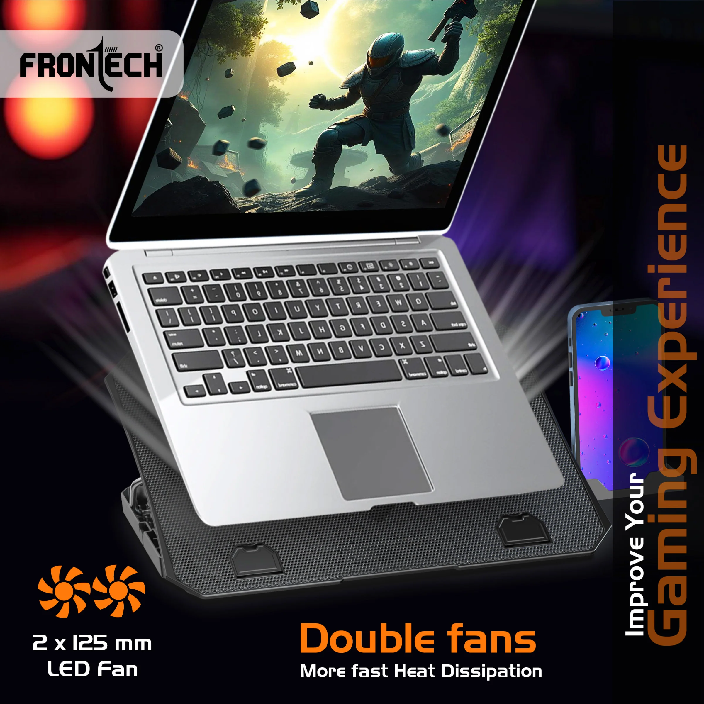 Frontech Laptop Cooling Pad | 2x125mm LED Fans | 5-Level Adjustable Height | Built-in Mobile Stand | For Laptops up to 15.6" (CP-0016) - Image 2