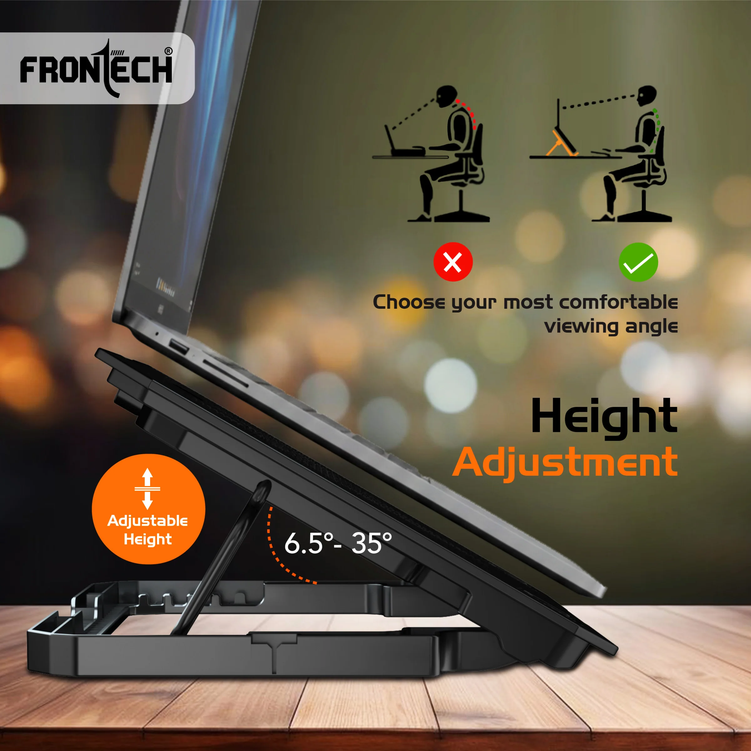 Frontech Laptop Cooling Pad | 2x125mm LED Fans | 5-Level Adjustable Height | Built-in Mobile Stand | For Laptops up to 15.6" (CP-0016) - Image 3