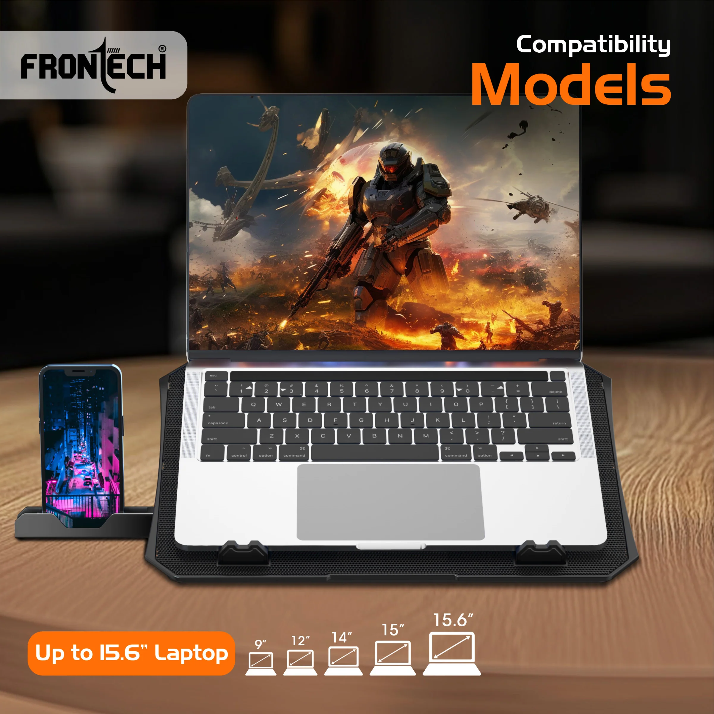 Frontech Laptop Cooling Pad | 2x125mm LED Fans | 5-Level Adjustable Height | Built-in Mobile Stand | For Laptops up to 15.6" (CP-0016) - Image 4